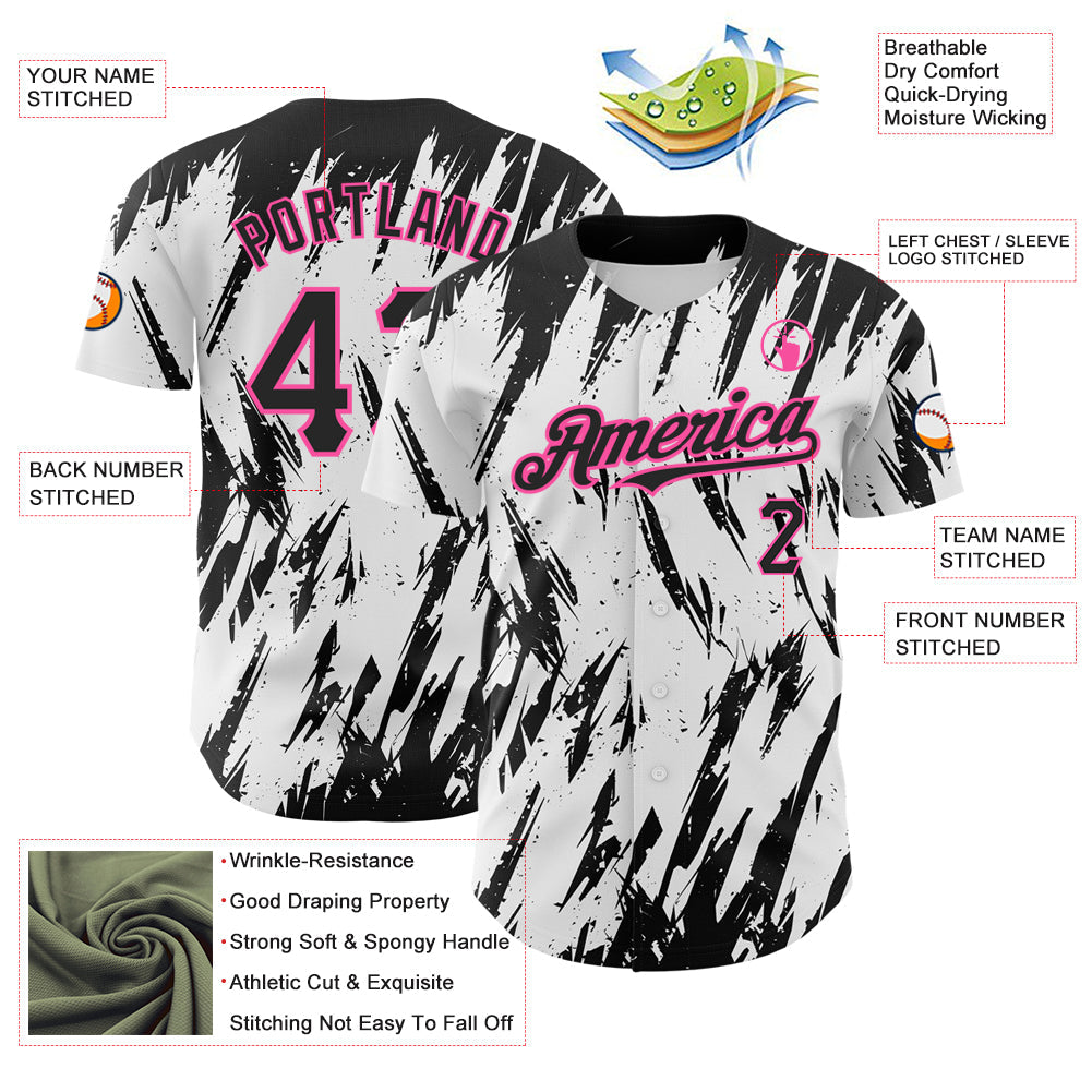 Custom White Black-Pink 3D Pattern Design Abstract Sharp Shape Authentic Baseball Jersey baseball jersey product view 3