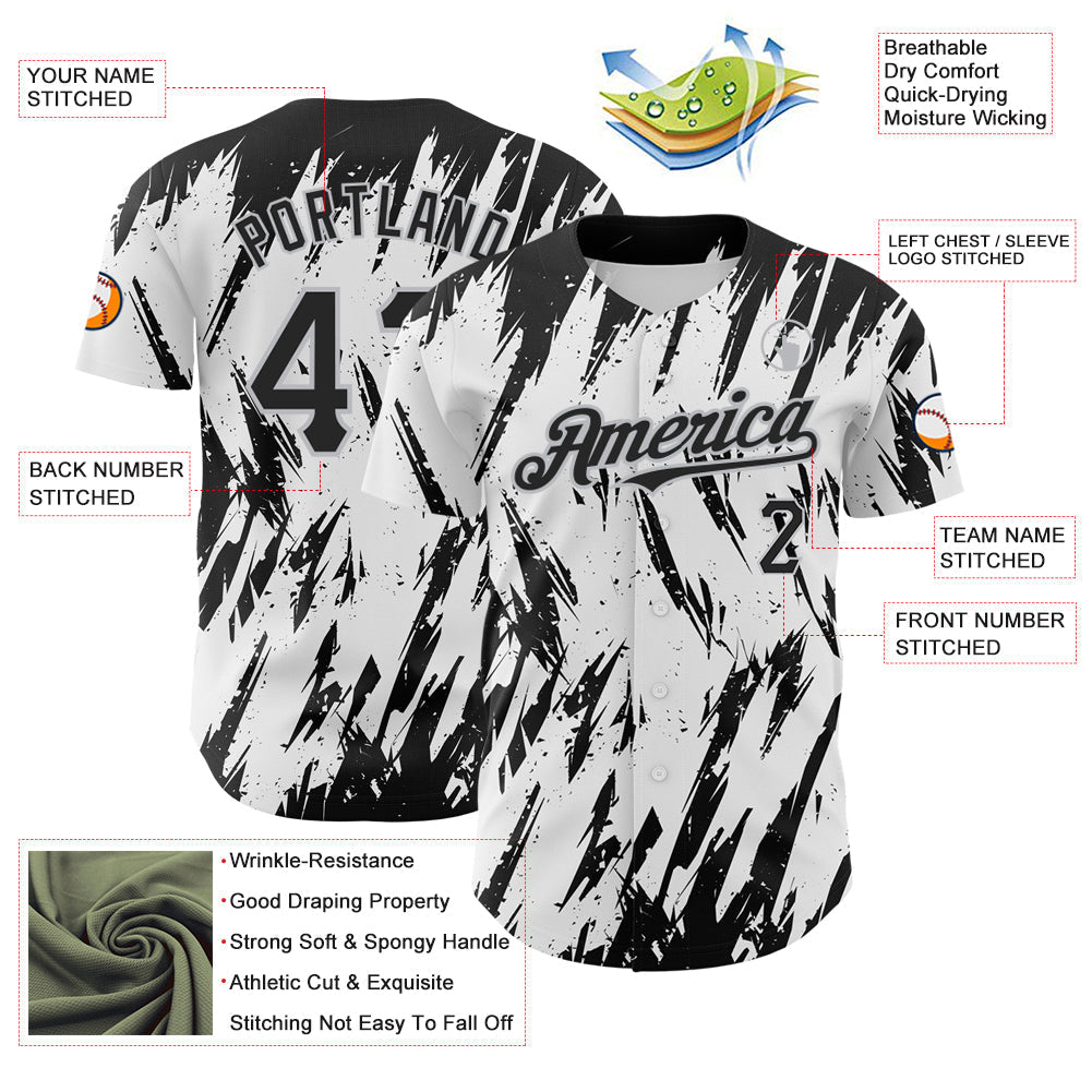 Custom White Black-Gray 3D Pattern Design Abstract Sharp Shape Authentic Baseball Jersey baseball jersey product view 3