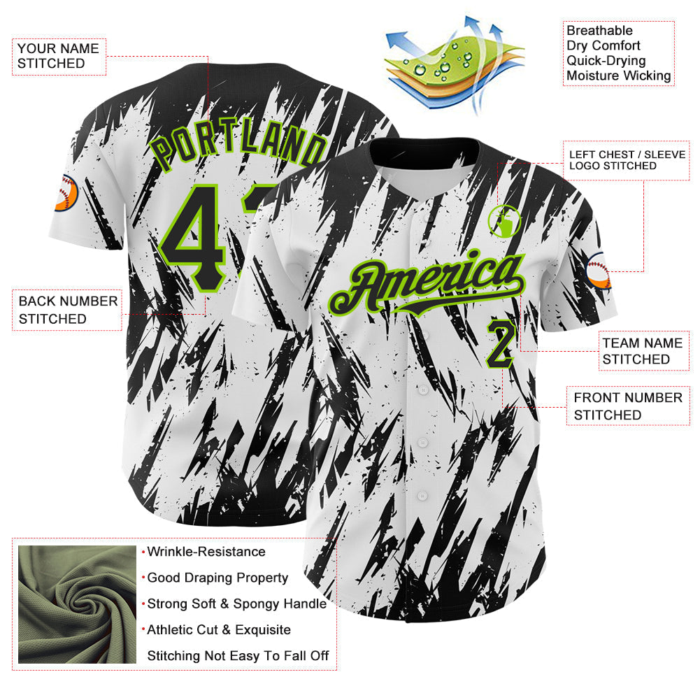 Custom White Black-Neon Green 3D Pattern Design Abstract Sharp Shape Authentic Baseball Jersey baseball jersey product view 3