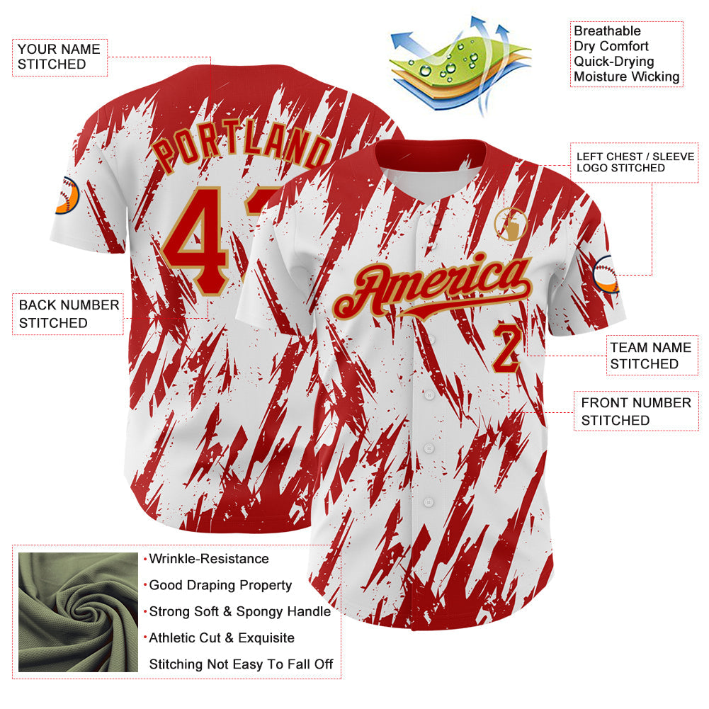 Custom White Red-Old Gold 3D Pattern Design Abstract Sharp Shape Authentic Baseball Jersey baseball jersey product view 3