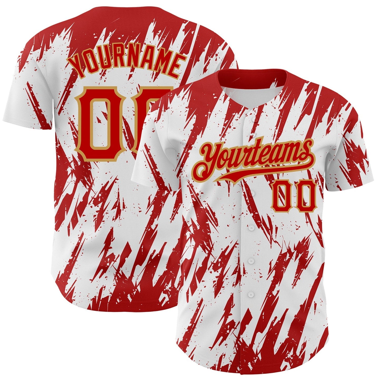 Custom White Red-Old Gold 3D Pattern Design Abstract Sharp Shape Authentic Baseball Jersey baseball jersey product view 1