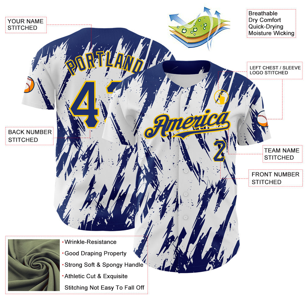Custom White Royal-Yellow 3D Pattern Design Abstract Sharp Shape Authentic Baseball Jersey baseball jersey product view 3