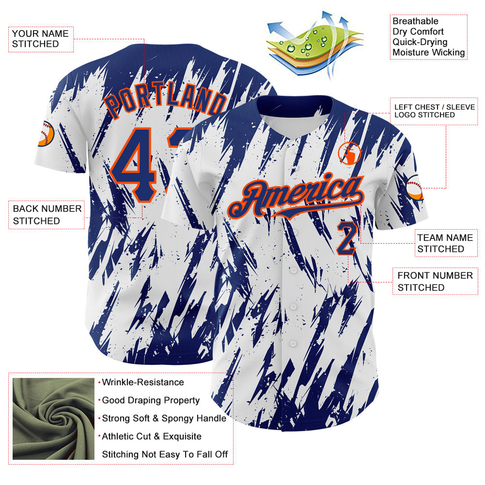 Custom White Royal-Orange 3D Pattern Design Abstract Sharp Shape Authentic Baseball Jersey baseball jersey product view 3