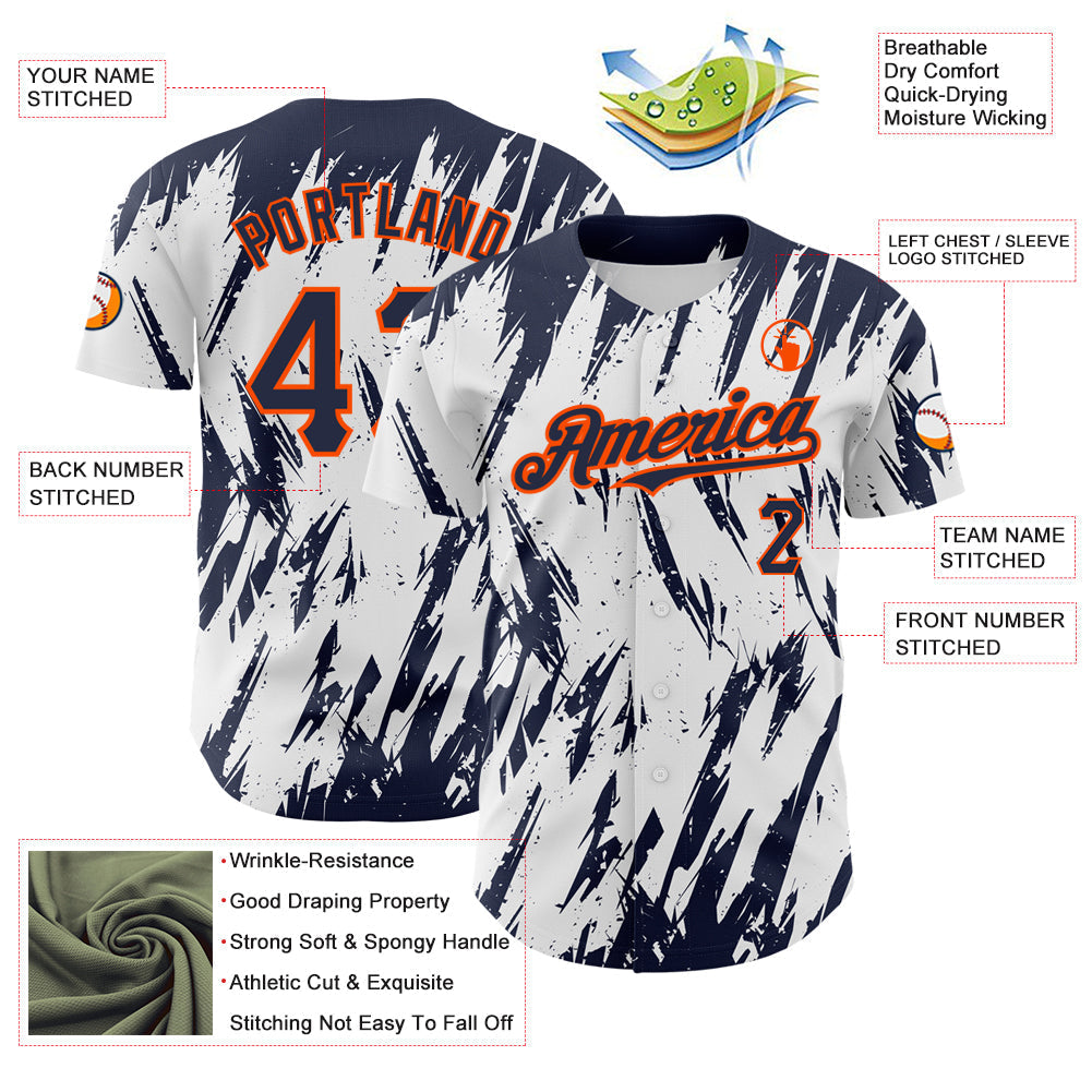 Custom White Navy-Orange 3D Pattern Design Abstract Sharp Shape Authentic Baseball Jersey baseball jersey product view 3