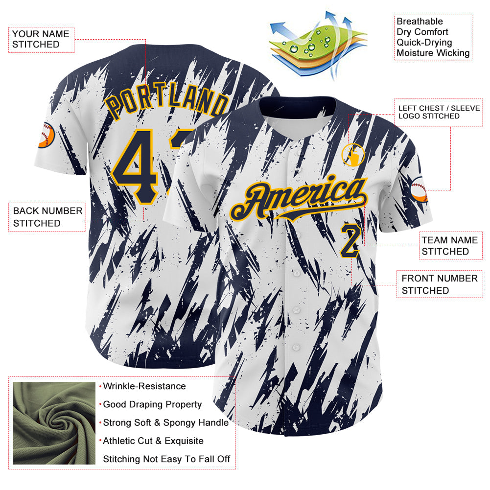 Custom White Navy-Gold 3D Pattern Design Abstract Sharp Shape Authentic Baseball Jersey baseball jersey product view 3