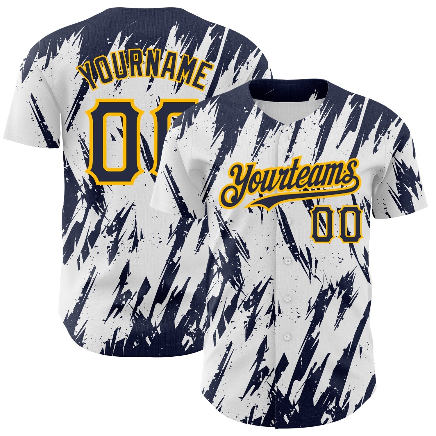 Custom White Navy-Gold 3D Pattern Design Abstract Sharp Shape Authentic Baseball Jersey baseball jersey product view 1