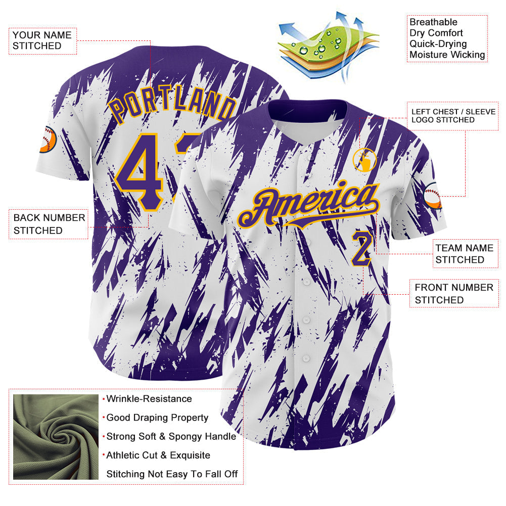 Custom White Purple-Gold 3D Pattern Design Abstract Sharp Shape Authentic Baseball Jersey baseball jersey product view 3