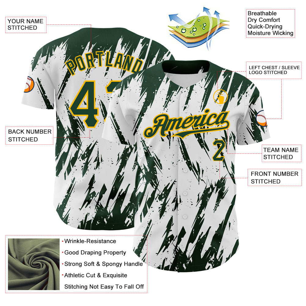 Custom White Green-Gold 3D Pattern Design Abstract Sharp Shape Authentic Baseball Jersey baseball jersey product view 3