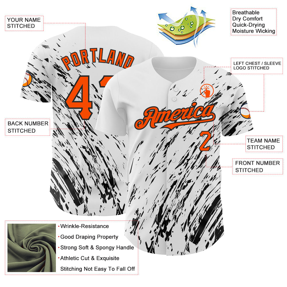 Custom White Orange-Black 3D Pattern Design Abstract Splash Authentic Baseball Jersey baseball jersey product view 3