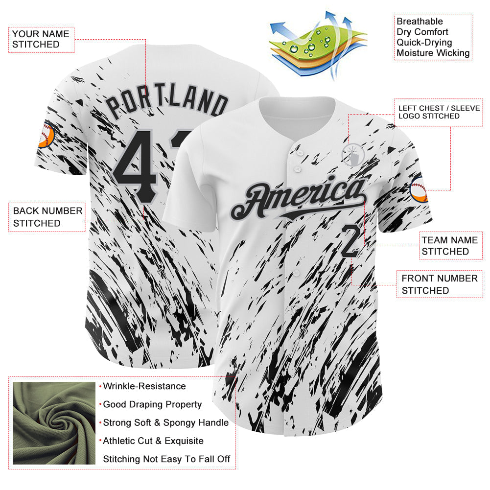 Custom White Black-Gray 3D Pattern Design Abstract Splash Authentic Baseball Jersey baseball jersey product view 3
