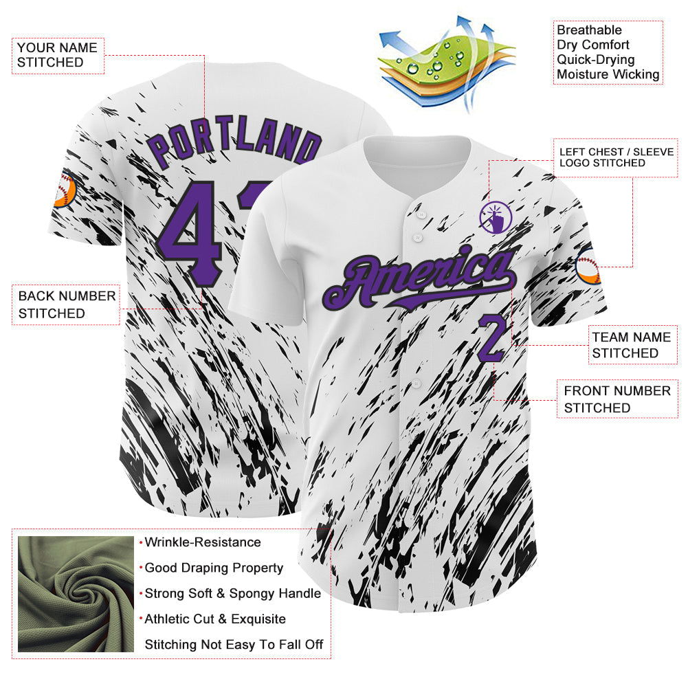 Custom White Purple-Black 3D Pattern Design Abstract Splash Authentic Baseball Jersey baseball jersey product view 3