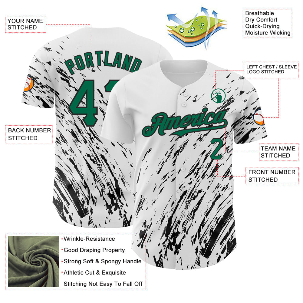Custom White Kelly Green-Black 3D Pattern Design Abstract Splash Authentic Baseball Jersey baseball jersey product view 3