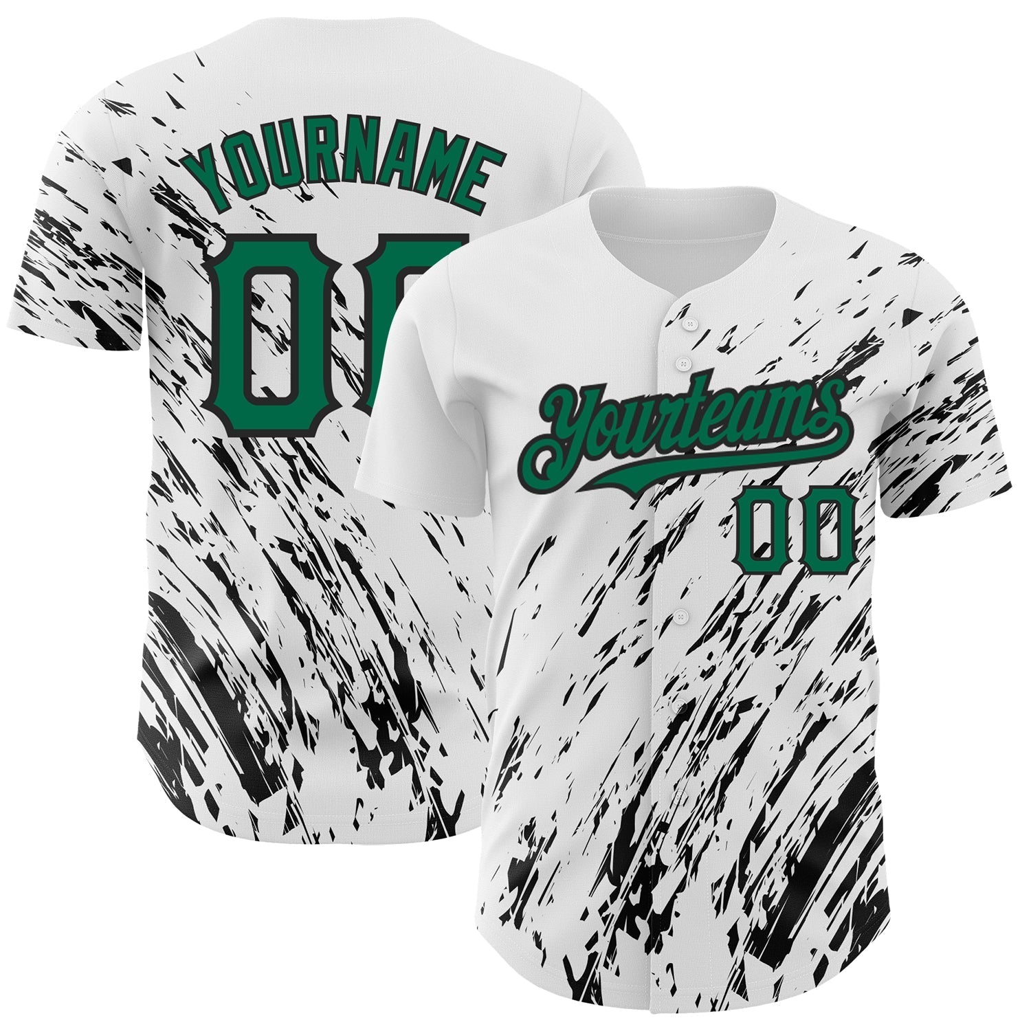 Custom White Kelly Green-Black 3D Pattern Design Abstract Splash Authentic Baseball Jersey baseball jersey product view 1