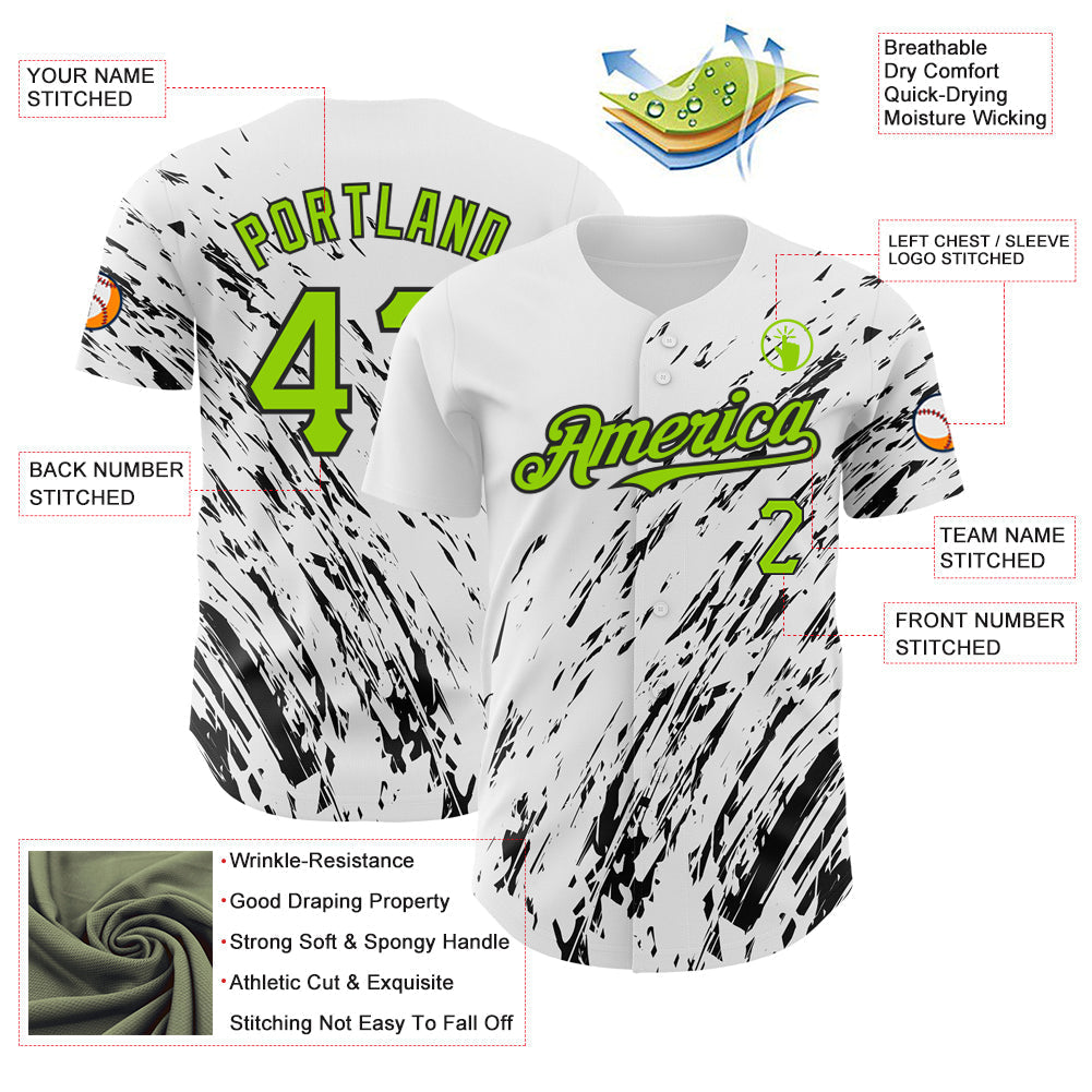 Custom White Neon Green-Black 3D Pattern Design Abstract Splash Authentic Baseball Jersey baseball jersey product view 3