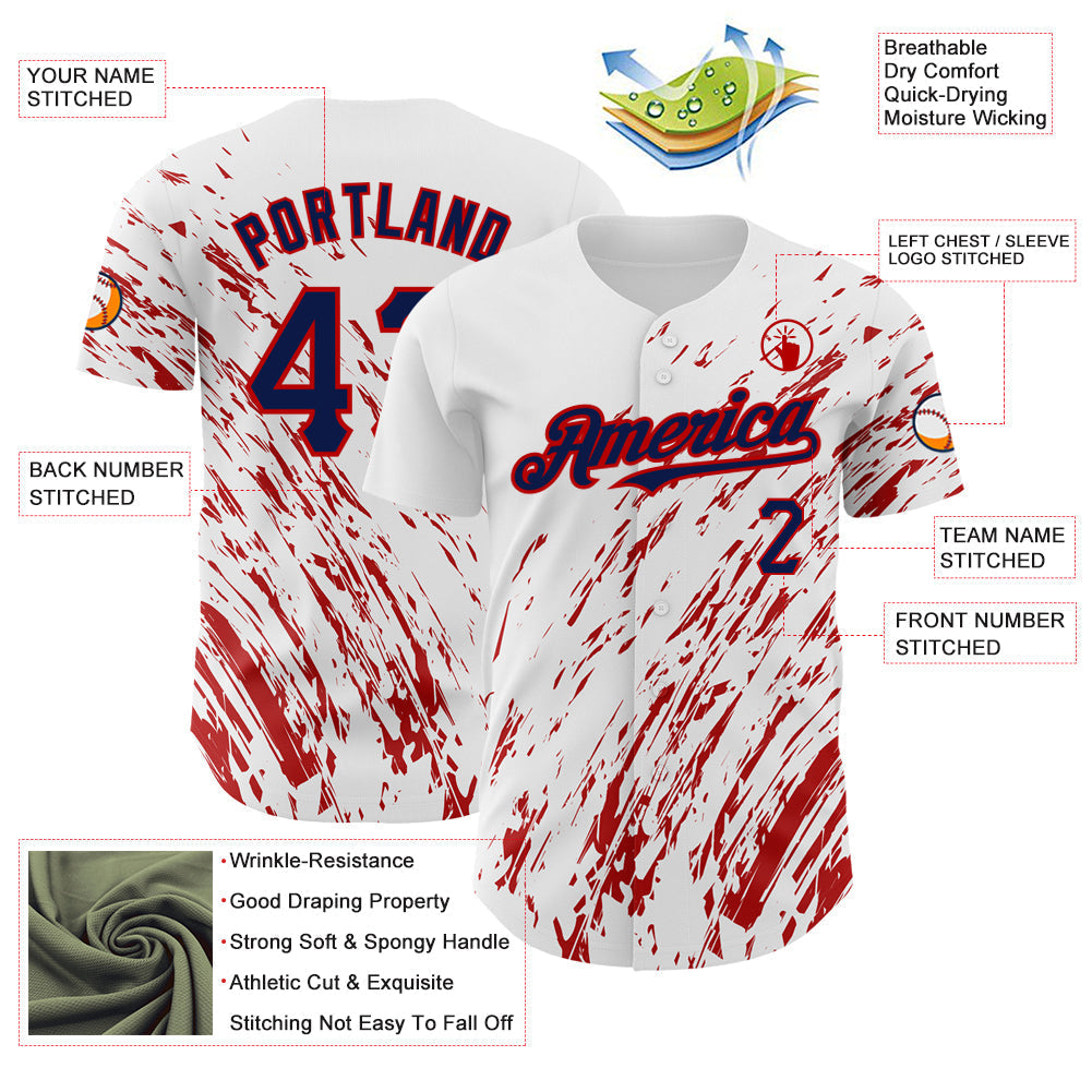 Custom White Navy-Red 3D Pattern Design Abstract Splash Authentic Baseball Jersey baseball jersey product view 3