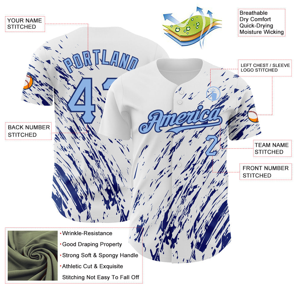 Custom White Light Blue-Royal 3D Pattern Design Abstract Splash Authentic Baseball Jersey baseball jersey product view 3