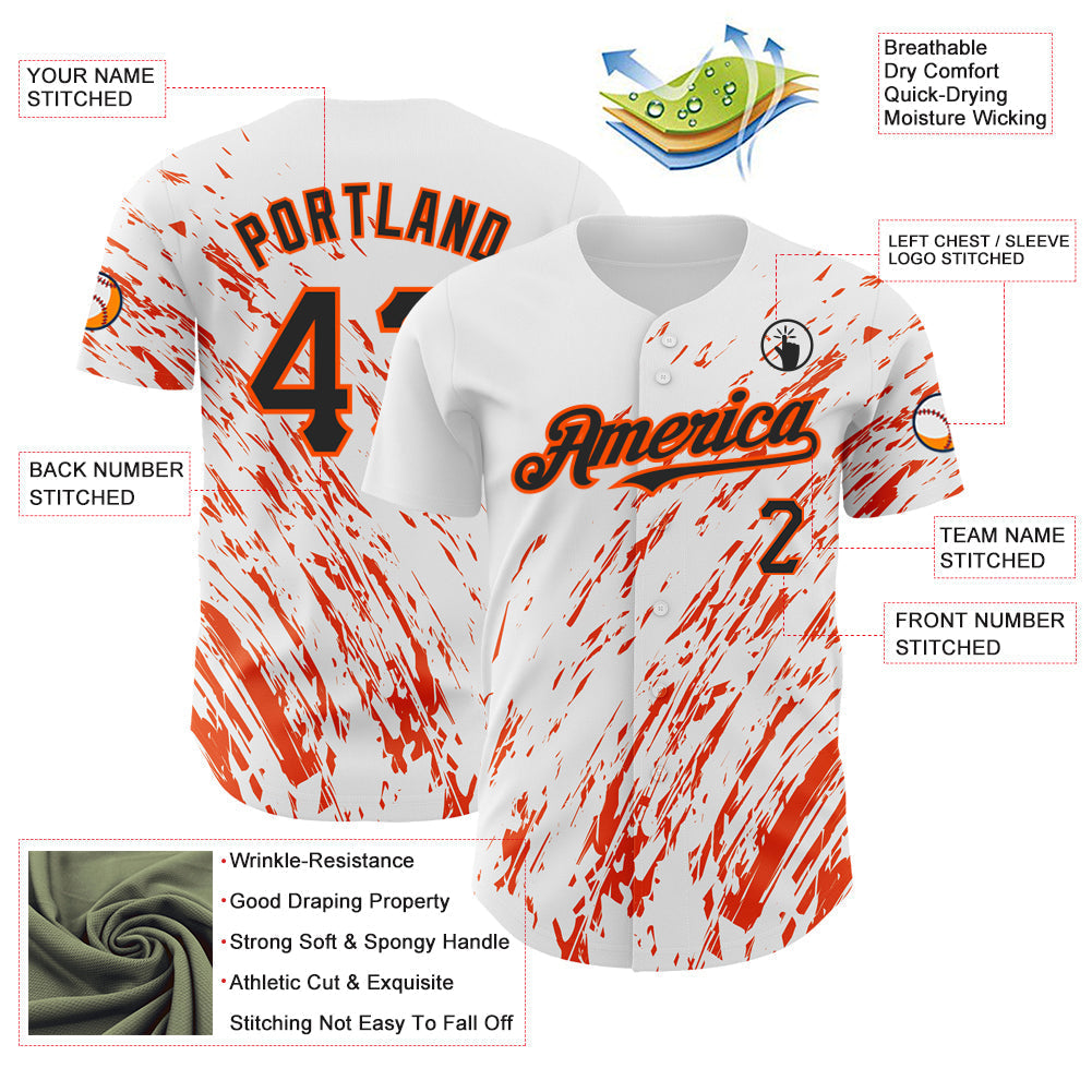 Custom White Black-Orange 3D Pattern Design Abstract Splash Authentic Baseball Jersey baseball jersey product view 3