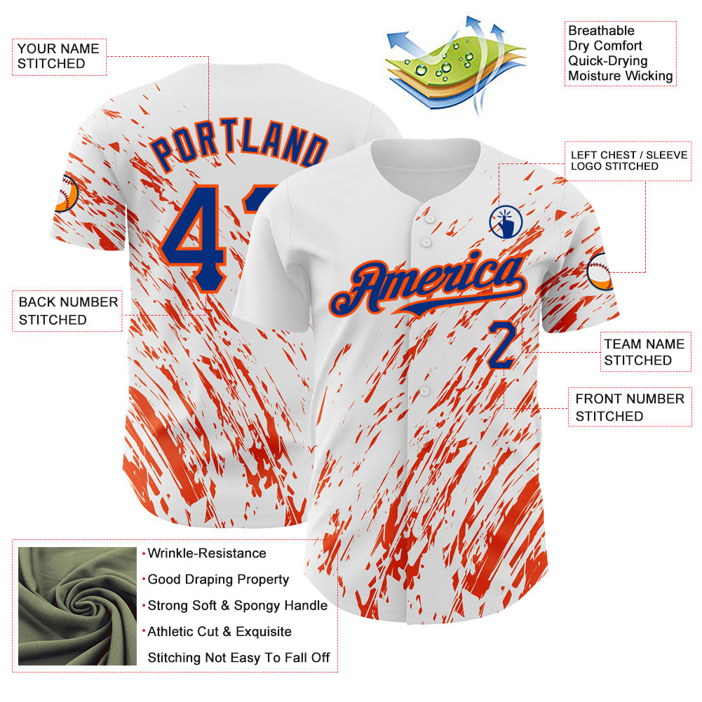 Custom White Royal-Orange 3D Pattern Design Abstract Splash Authentic Baseball Jersey baseball jersey product view 3