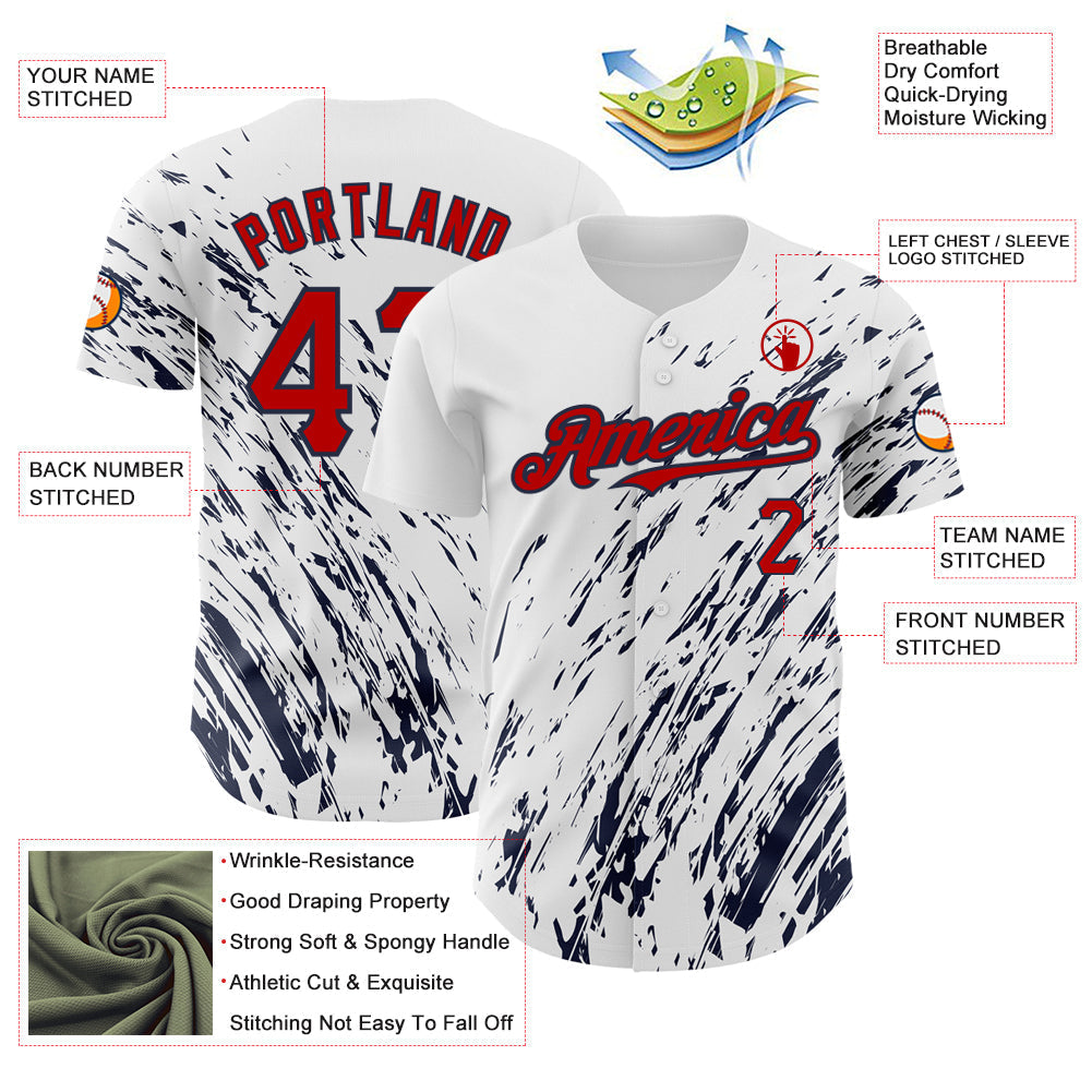 Custom White Red-Navy 3D Pattern Design Abstract Splash Authentic Baseball Jersey baseball jersey product view 3
