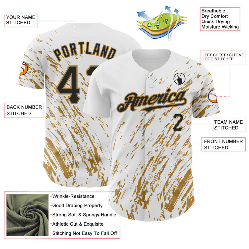 Custom White Black-Old Gold 3D Pattern Design Abstract Splash Authentic Baseball Jersey baseball jersey product view 3