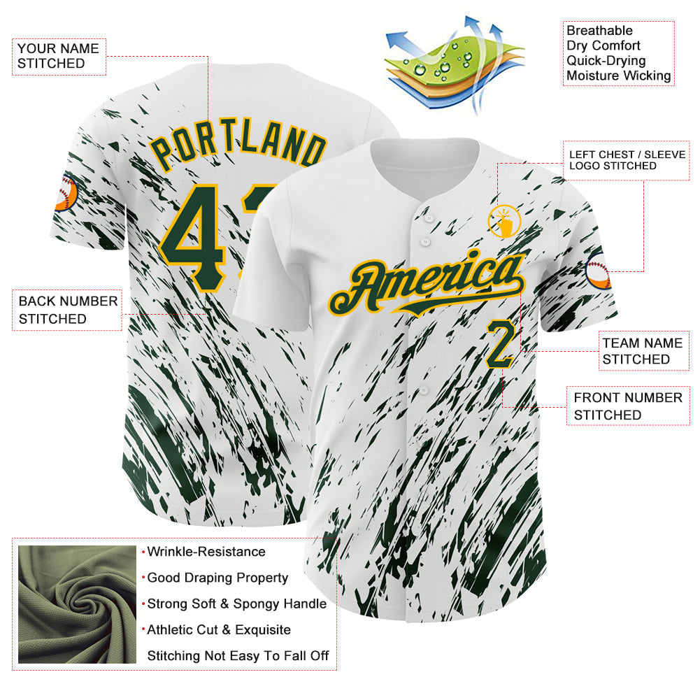 Custom White Green-Gold 3D Pattern Design Abstract Splash Authentic Baseball Jersey baseball jersey product view 3
