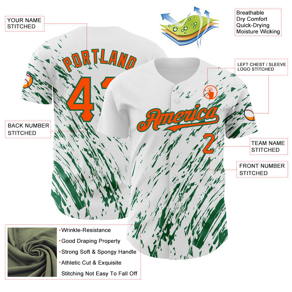 Custom White Orange-Kelly Green 3D Pattern Design Abstract Splash Authentic Baseball Jersey baseball jersey product view 3