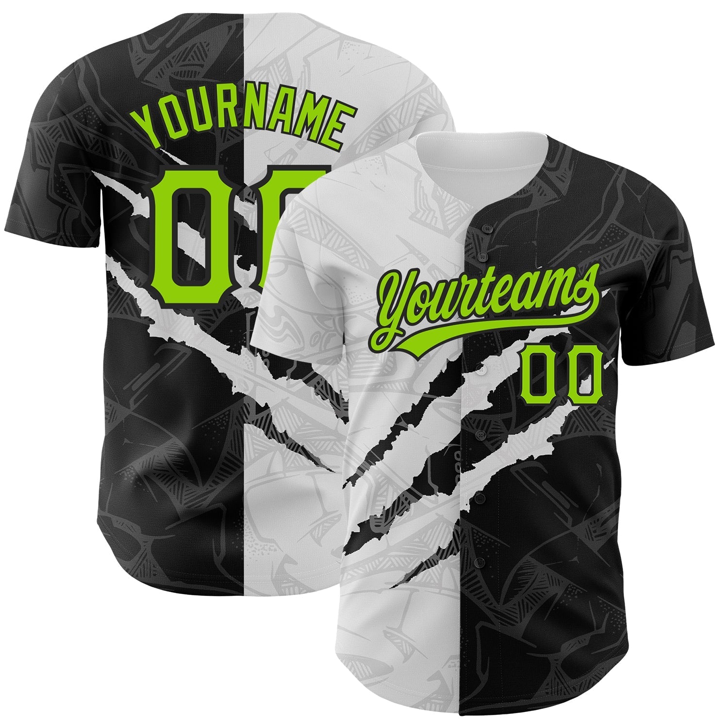 Custom Graffiti Pattern Neon Green-Black 3D Scratch Authentic Baseball Jersey baseball jersey product view 1