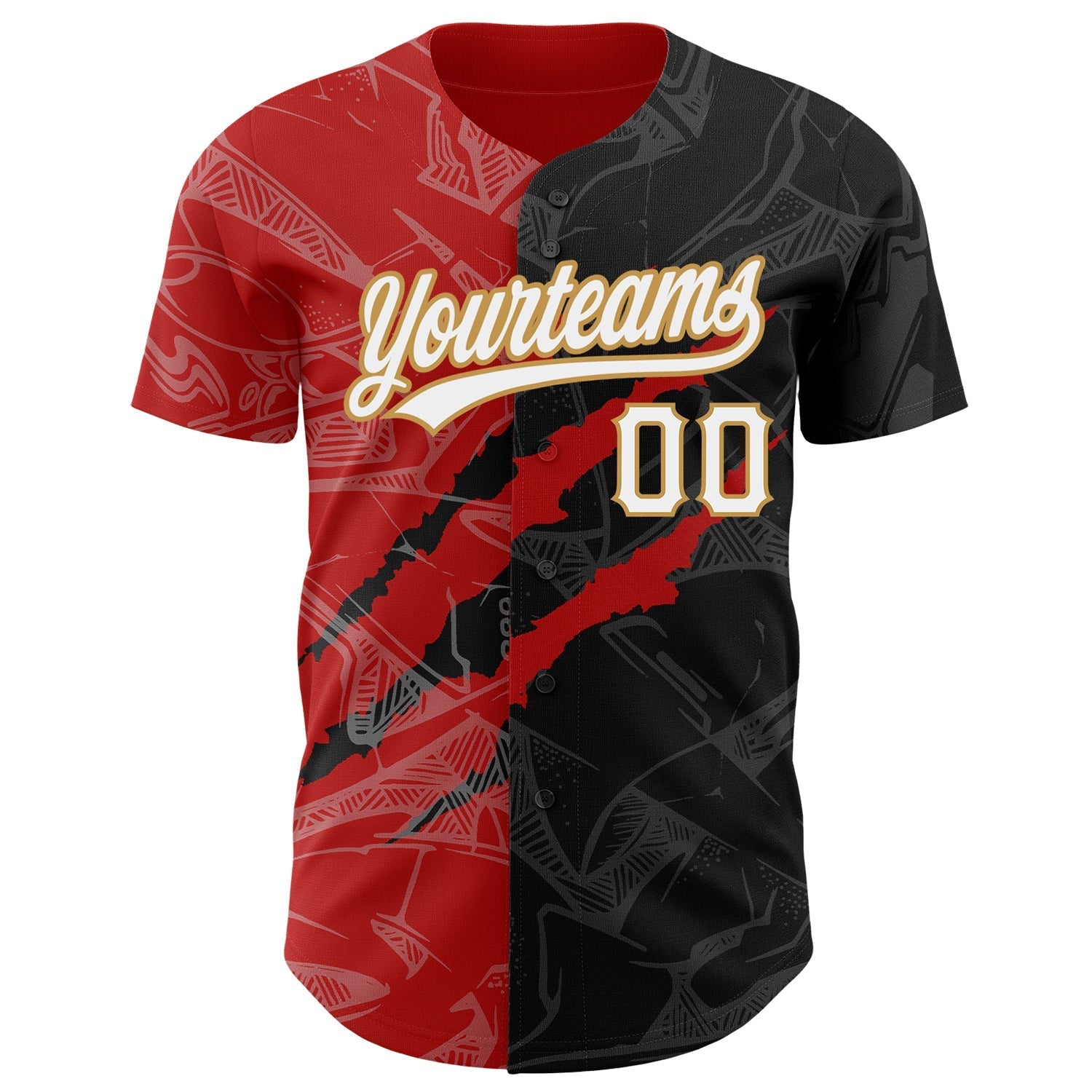 Custom Graffiti Pattern Black Red-Old Gold 3D Scratch Authentic Baseball Jersey baseball jersey product view 2