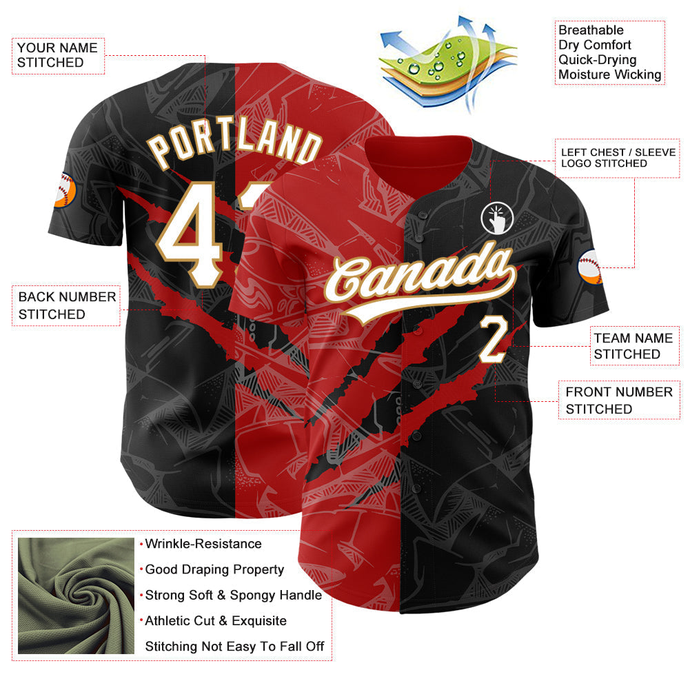 Custom Graffiti Pattern Black Red-Old Gold 3D Scratch Authentic Baseball Jersey baseball jersey product view 3