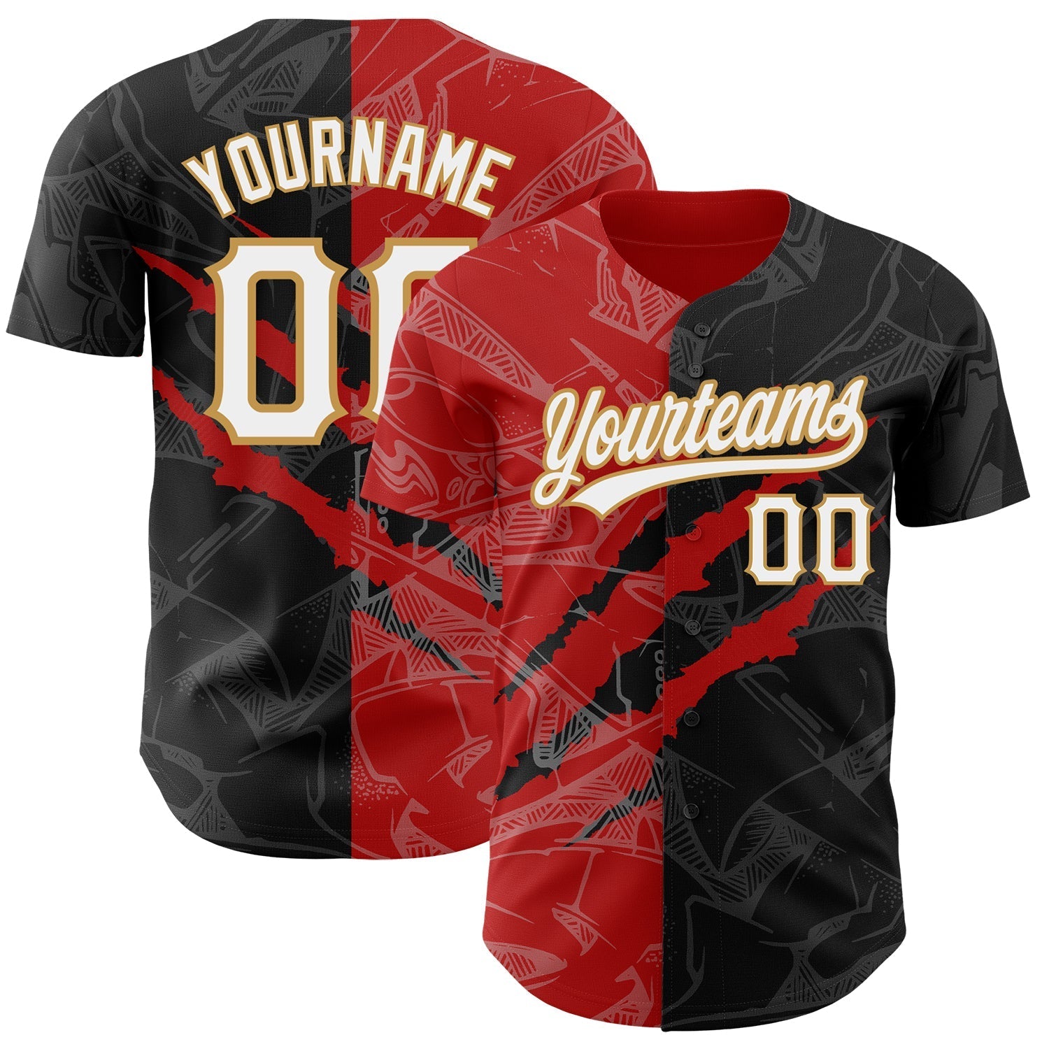 Custom Graffiti Pattern Black Red-Old Gold 3D Scratch Authentic Baseball Jersey baseball jersey product view 1