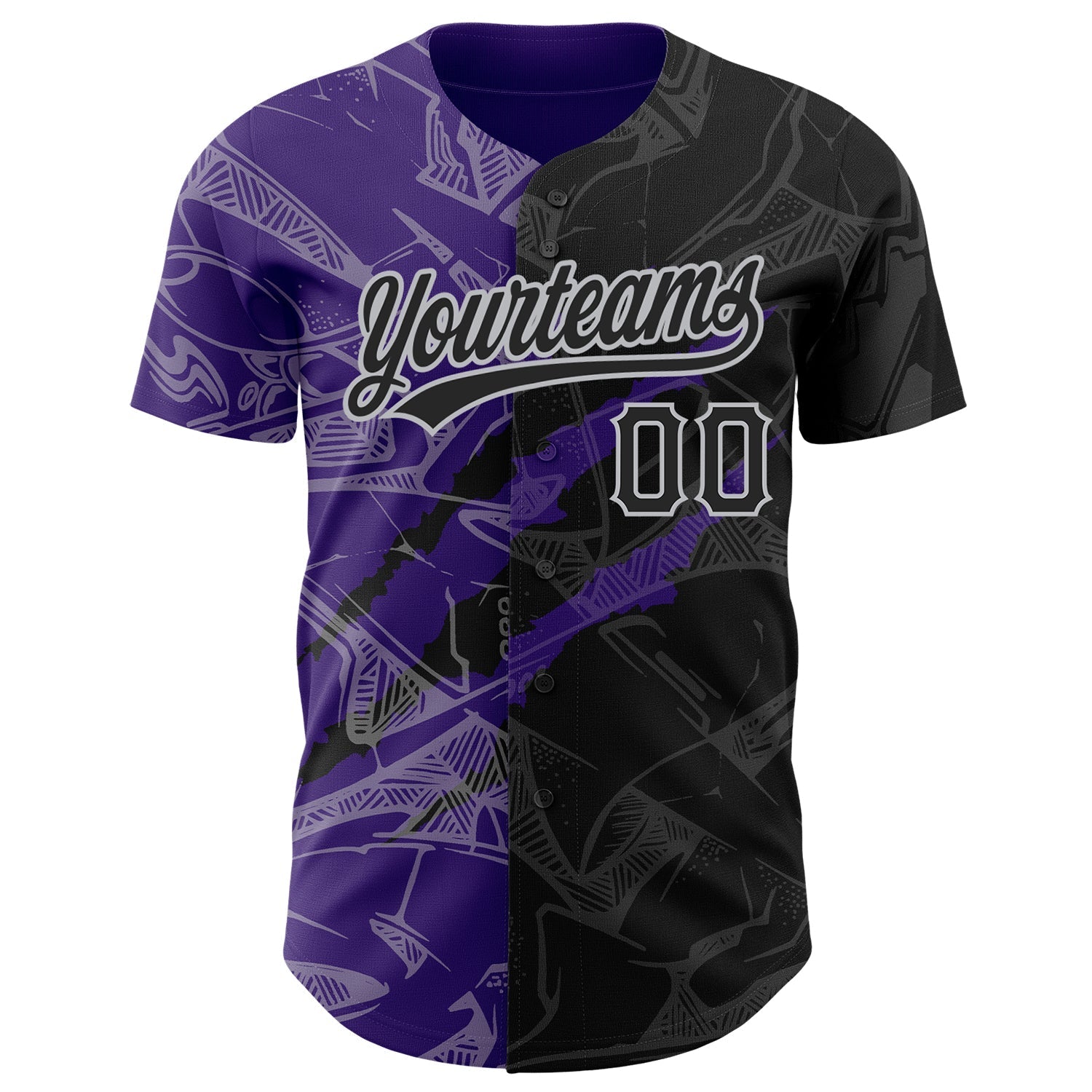 Custom Graffiti Pattern Black Purple-Gray 3D Scratch Authentic Baseball Jersey baseball jersey product view 2