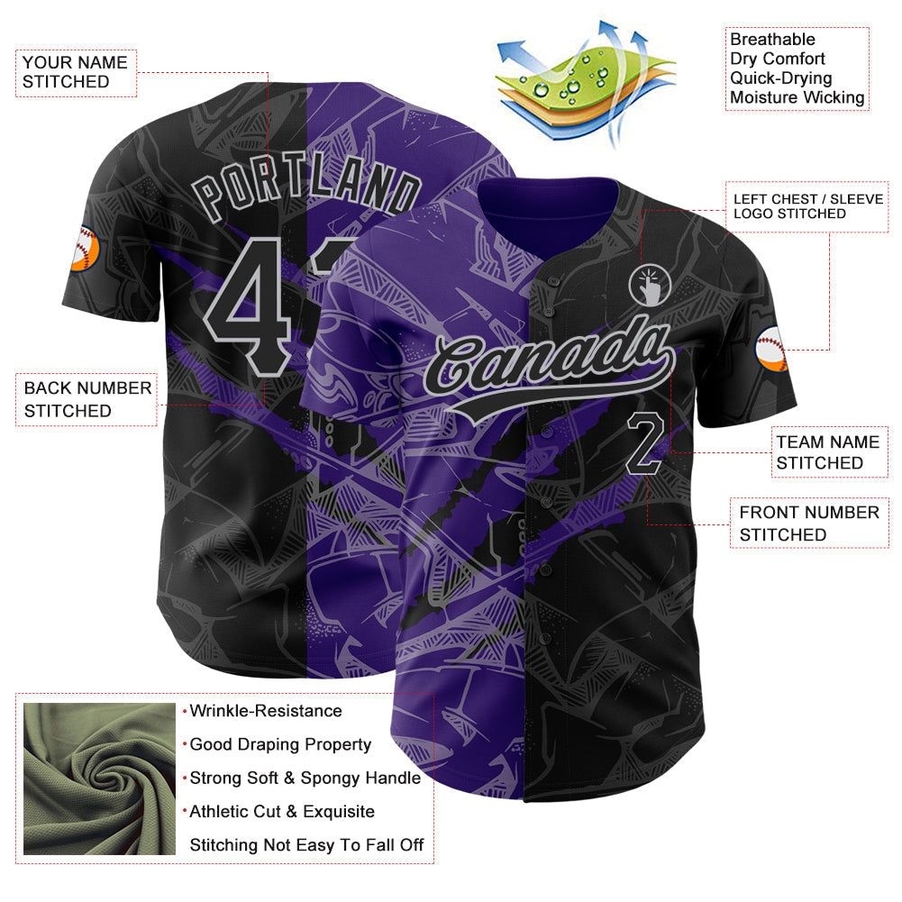 Custom Graffiti Pattern Black Purple-Gray 3D Scratch Authentic Baseball Jersey baseball jersey product view 3