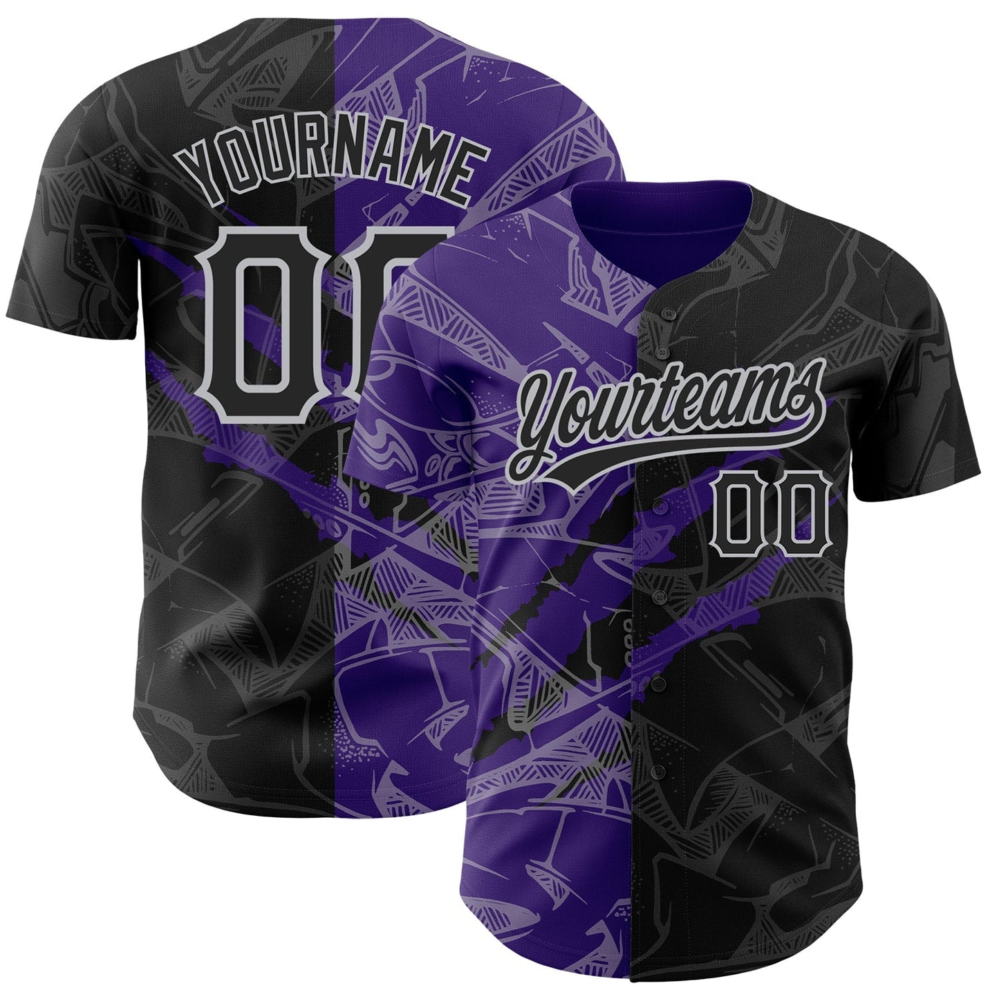 Custom Graffiti Pattern Black Purple-Gray 3D Scratch Authentic Baseball Jersey baseball jersey product view 1