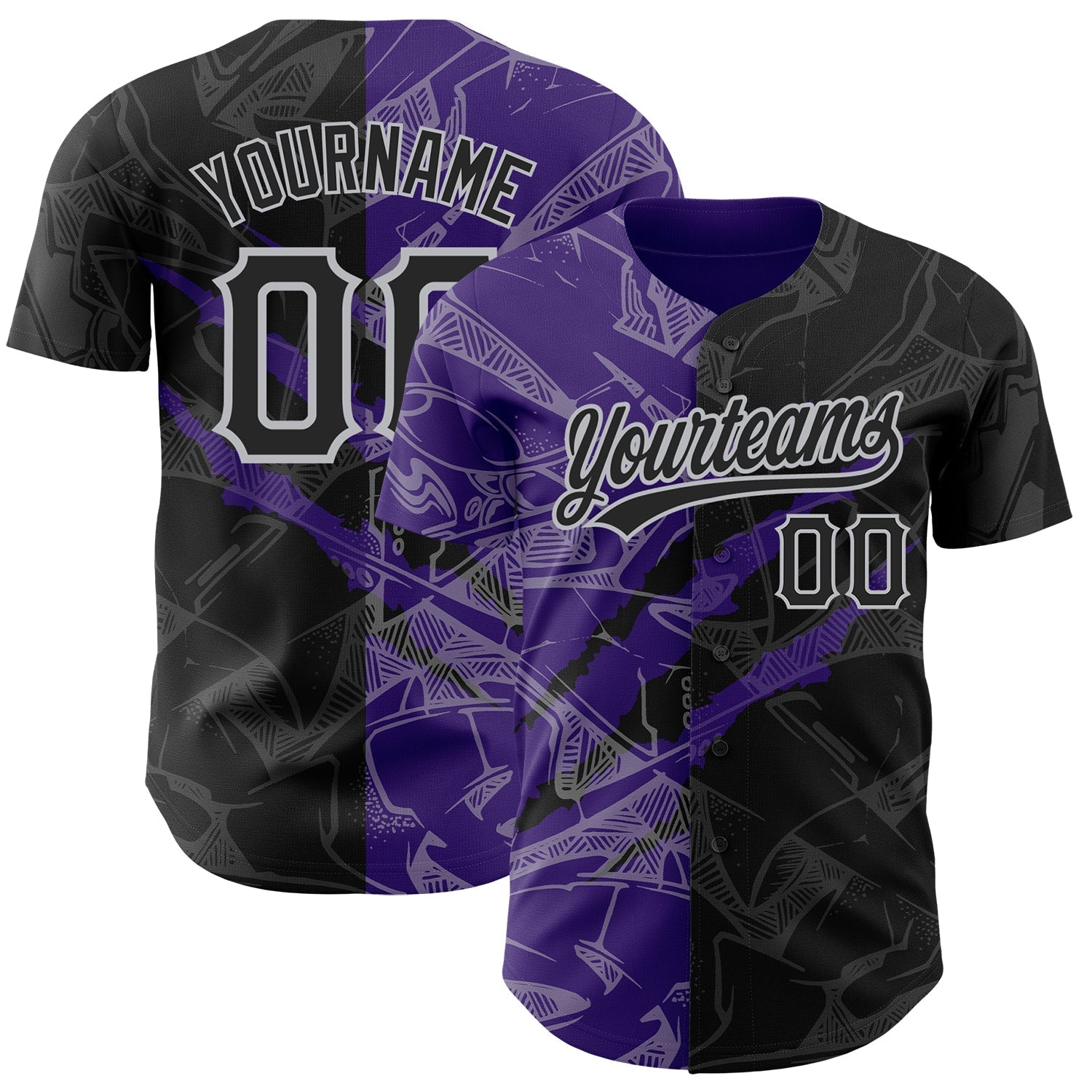 Custom Graffiti Pattern Black Purple-Gray 3D Scratch Authentic Baseball Jersey baseball jersey product view 1