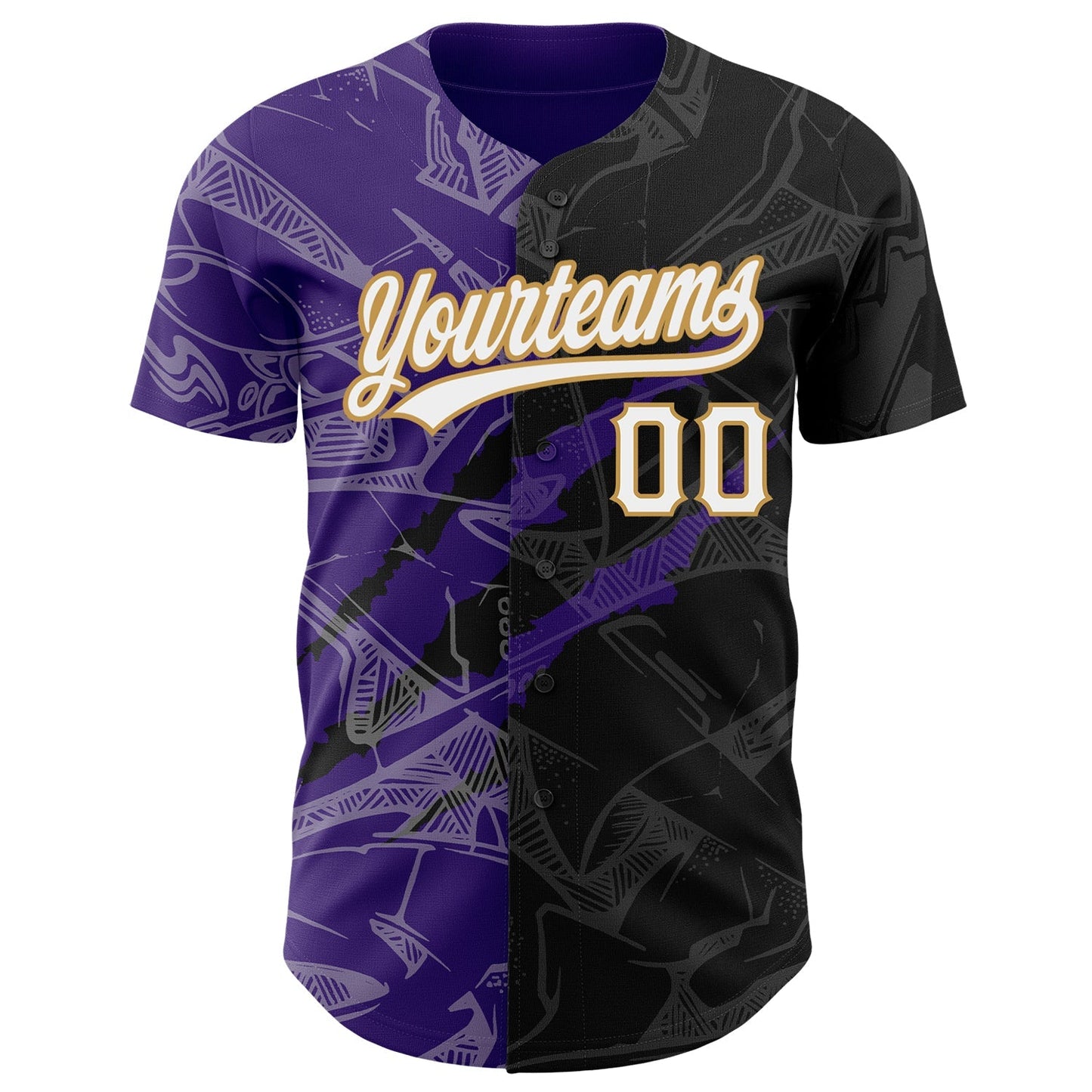 Custom Graffiti Pattern Black Purple-Old Gold 3D Scratch Authentic Baseball Jersey baseball jersey product view 2