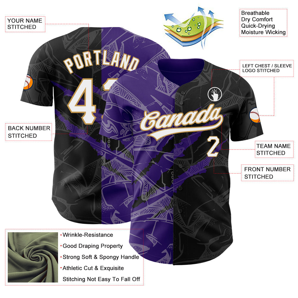 Custom Graffiti Pattern Black Purple-Old Gold 3D Scratch Authentic Baseball Jersey baseball jersey product view 3