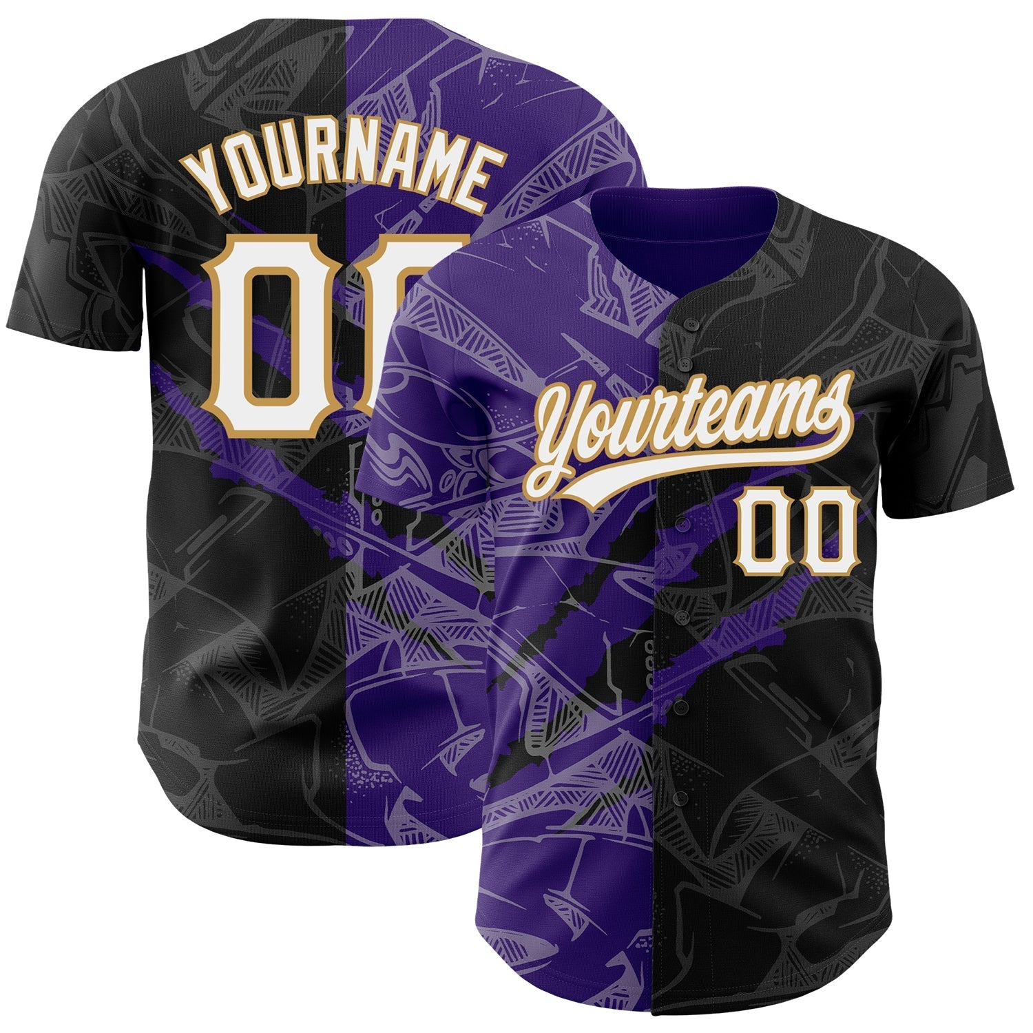 Custom Graffiti Pattern Black Purple-Old Gold 3D Scratch Authentic Baseball Jersey baseball jersey product view 1