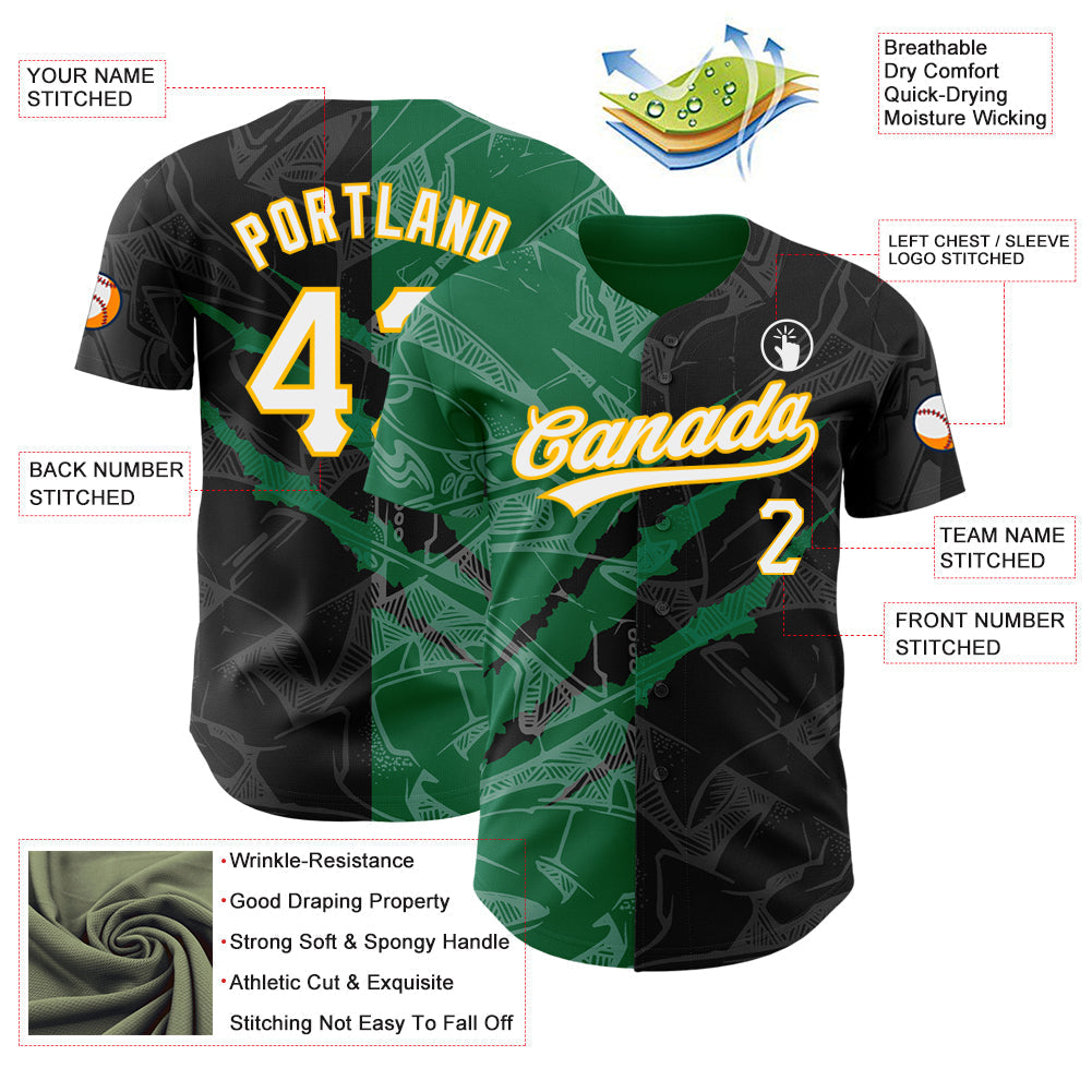 Custom Graffiti Pattern Black Kelly Green-Gold 3D Scratch Authentic Baseball Jersey baseball jersey product view 3