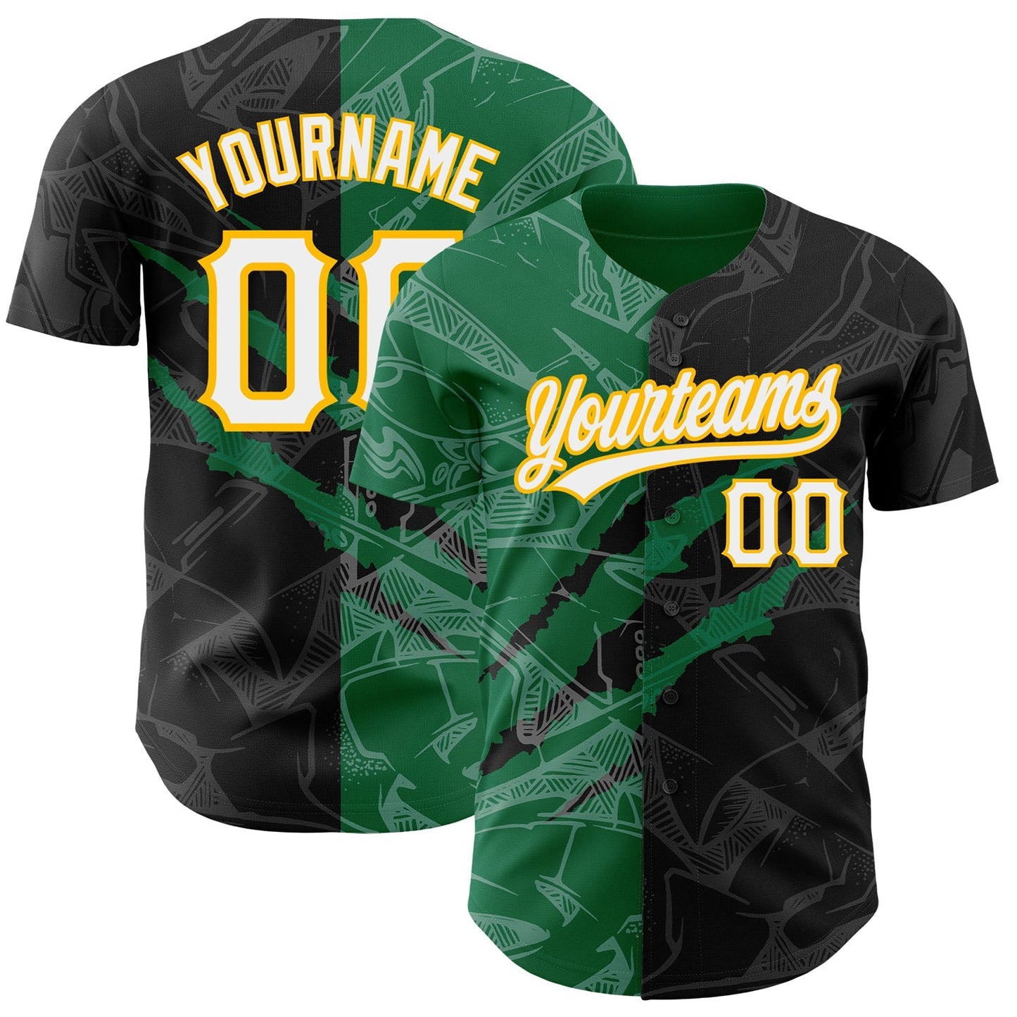 Custom Graffiti Pattern Black Kelly Green-Gold 3D Scratch Authentic Baseball Jersey baseball jersey product view 1