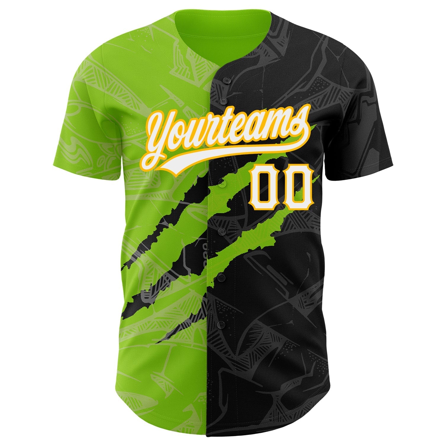 Custom Graffiti Pattern Black Neon Green-Gold 3D Scratch Authentic Baseball Jersey baseball jersey product view 2