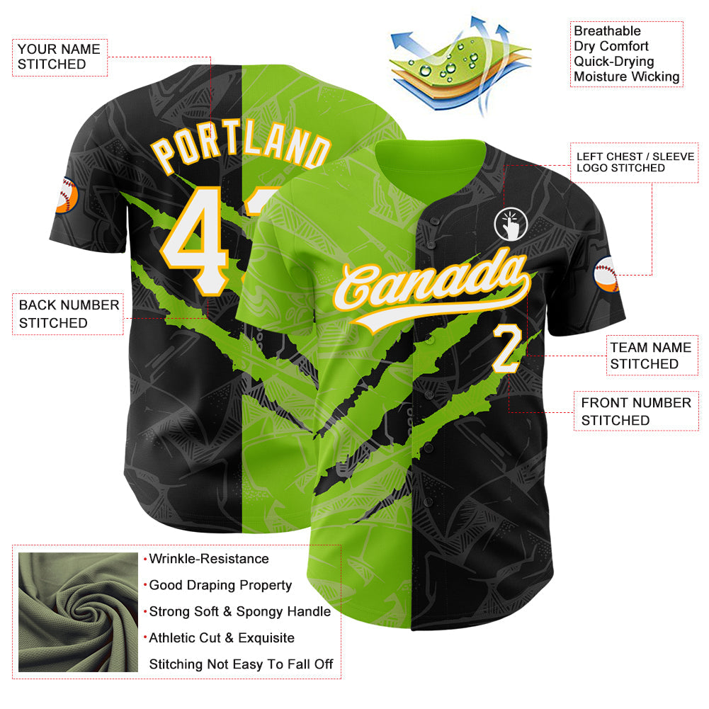 Custom Graffiti Pattern Black Neon Green-Gold 3D Scratch Authentic Baseball Jersey baseball jersey product view 3