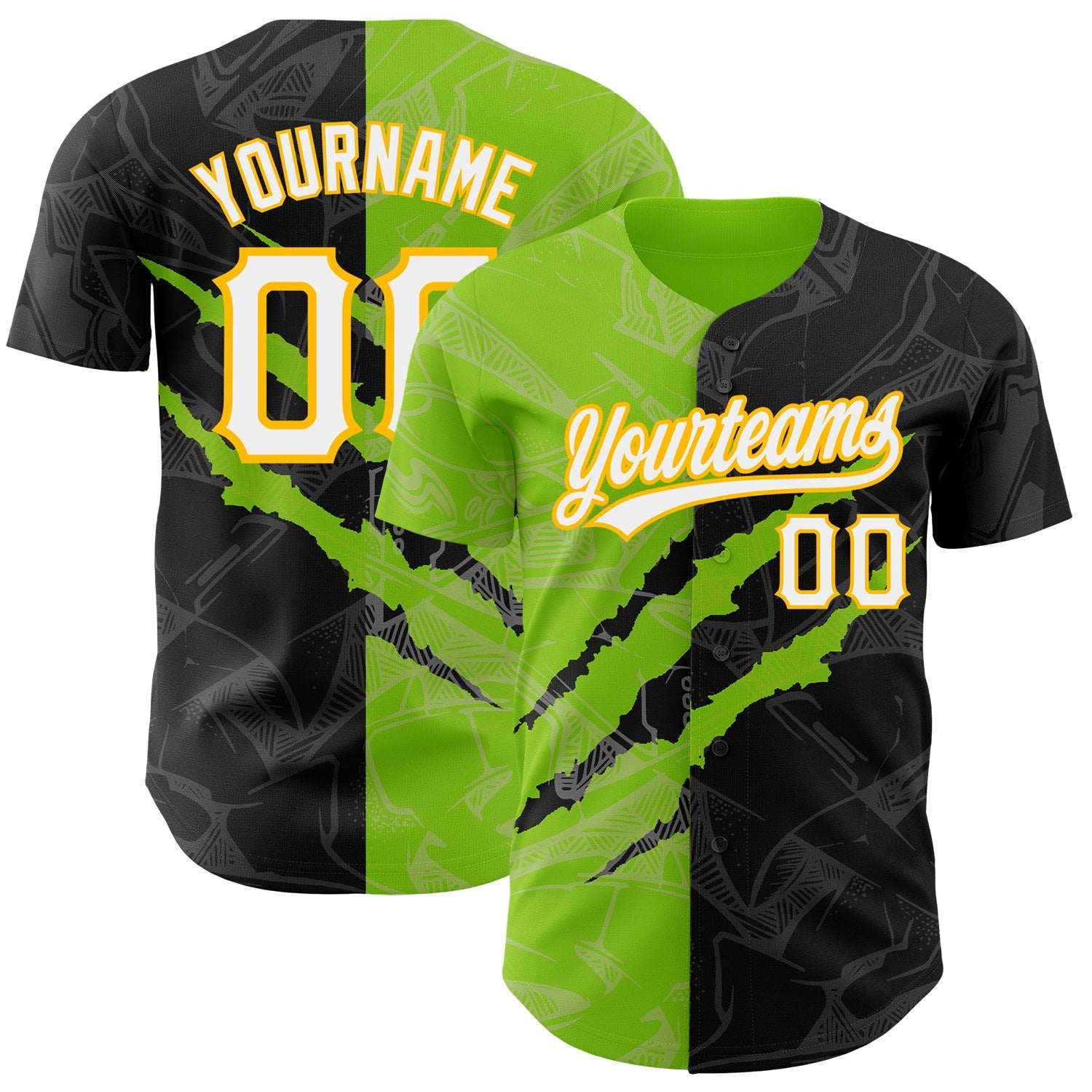 Custom Graffiti Pattern Black Neon Green-Gold 3D Scratch Authentic Baseball Jersey baseball jersey product view 1