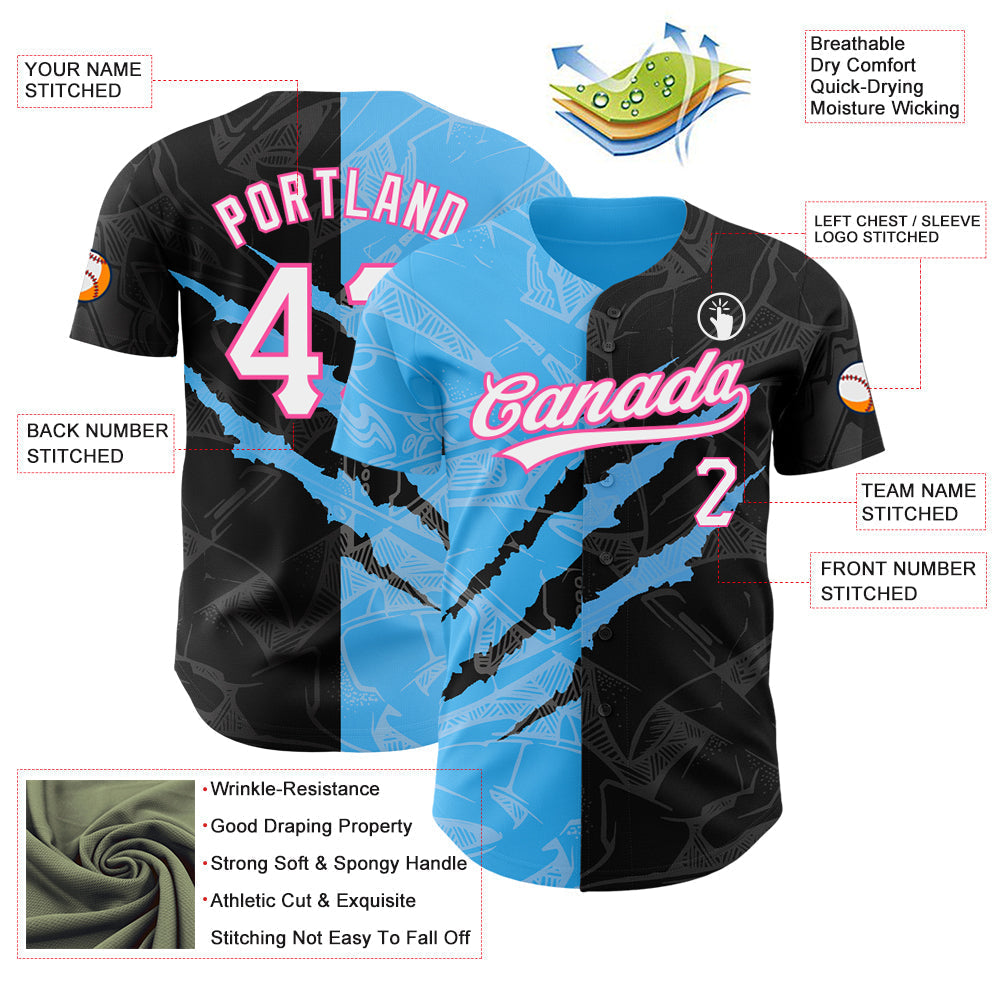 Custom Graffiti Pattern Black Sky Blue-Pink 3D Scratch Authentic Baseball Jersey baseball jersey product view 3