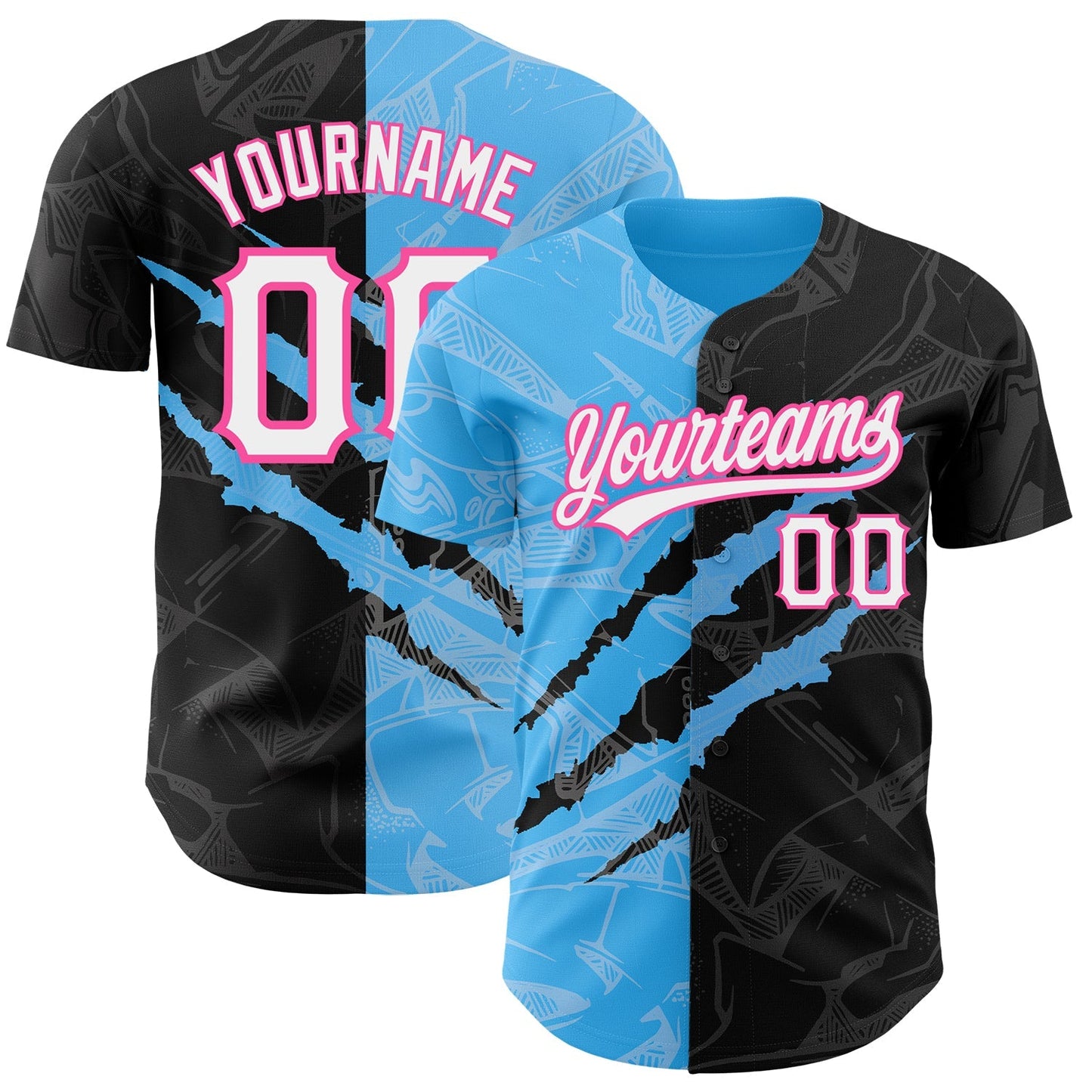 Custom Graffiti Pattern Black Sky Blue-Pink 3D Scratch Authentic Baseball Jersey baseball jersey product view 1