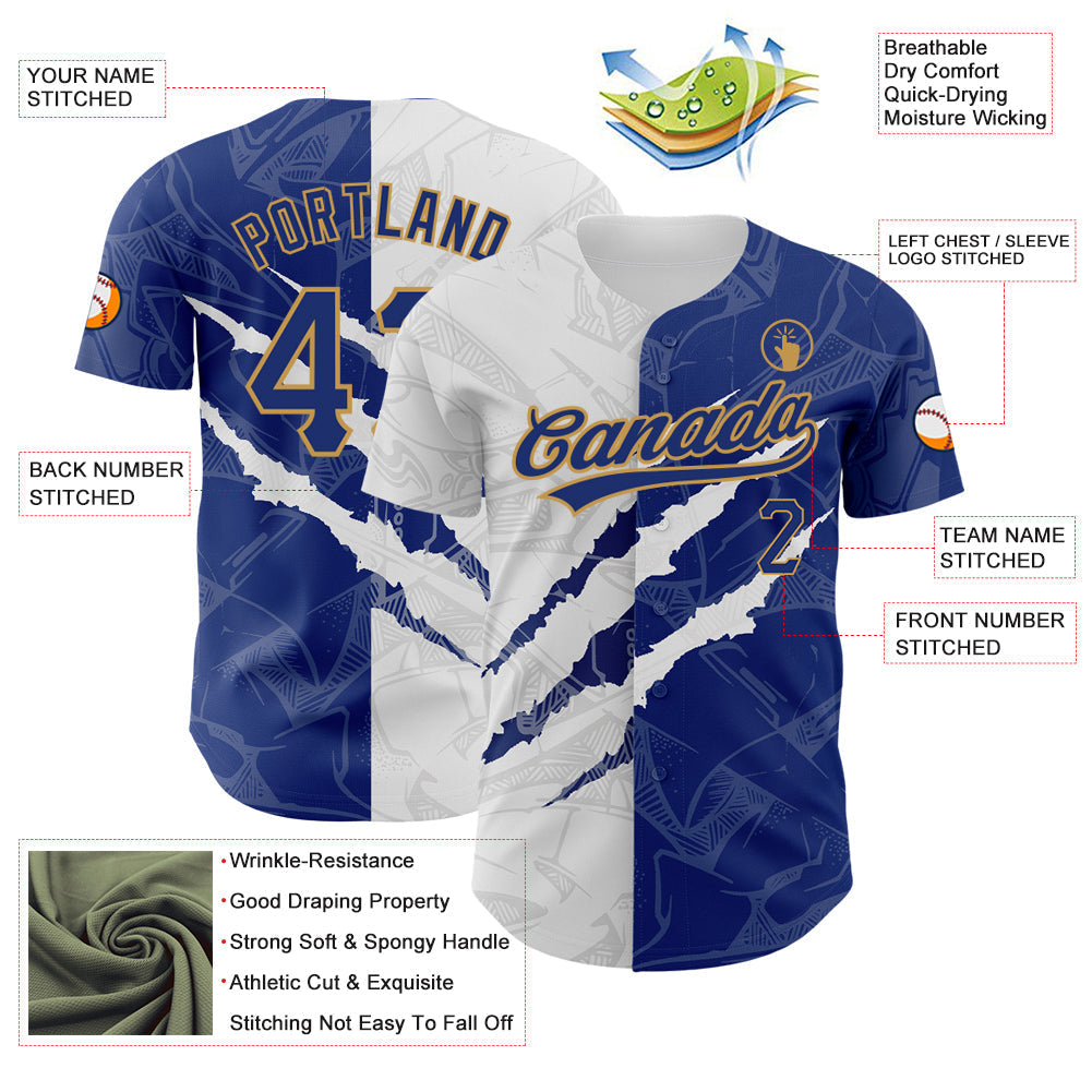 Custom Graffiti Pattern Royal-Old Gold 3D Scratch Authentic Baseball Jersey baseball jersey product view 3