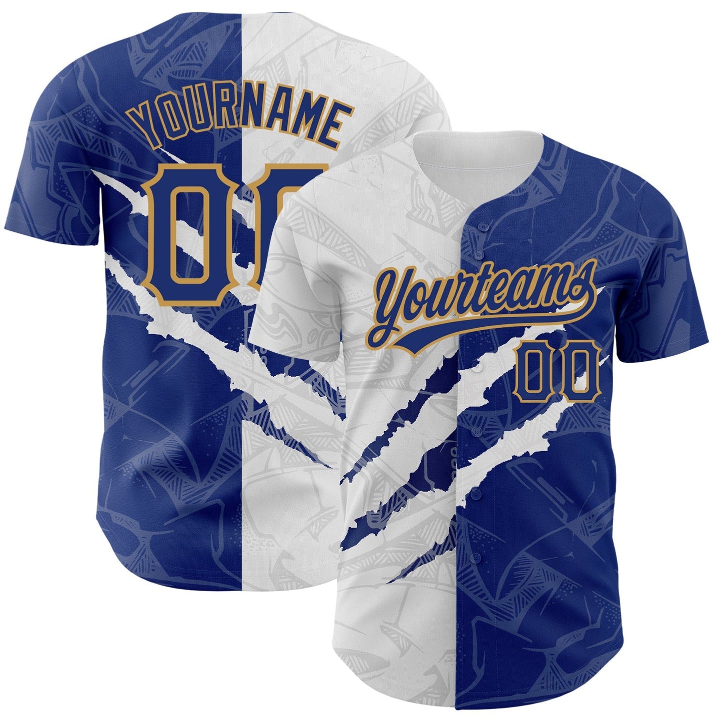 Custom Graffiti Pattern Royal-Old Gold 3D Scratch Authentic Baseball Jersey baseball jersey product view 1