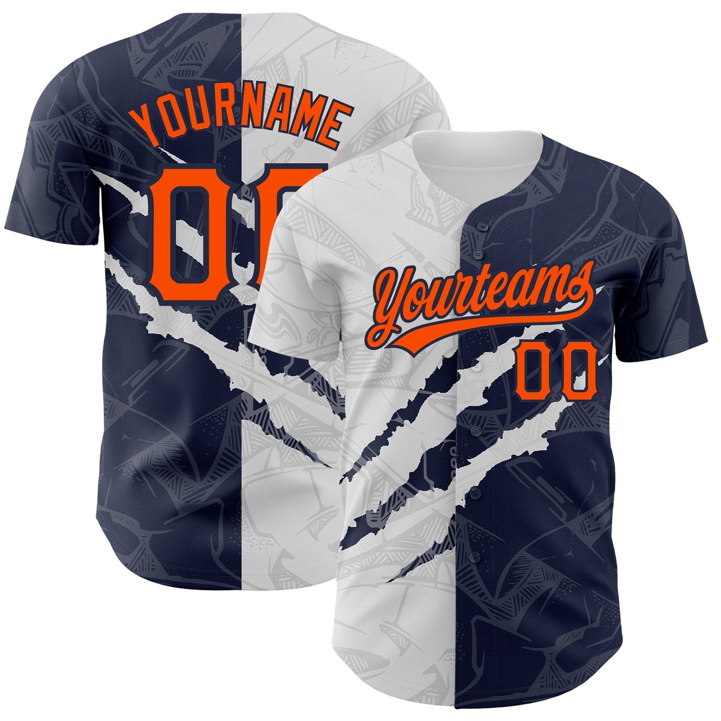 Custom Graffiti Pattern Orange-Navy 3D Scratch Authentic Baseball Jersey baseball jersey product view 1
