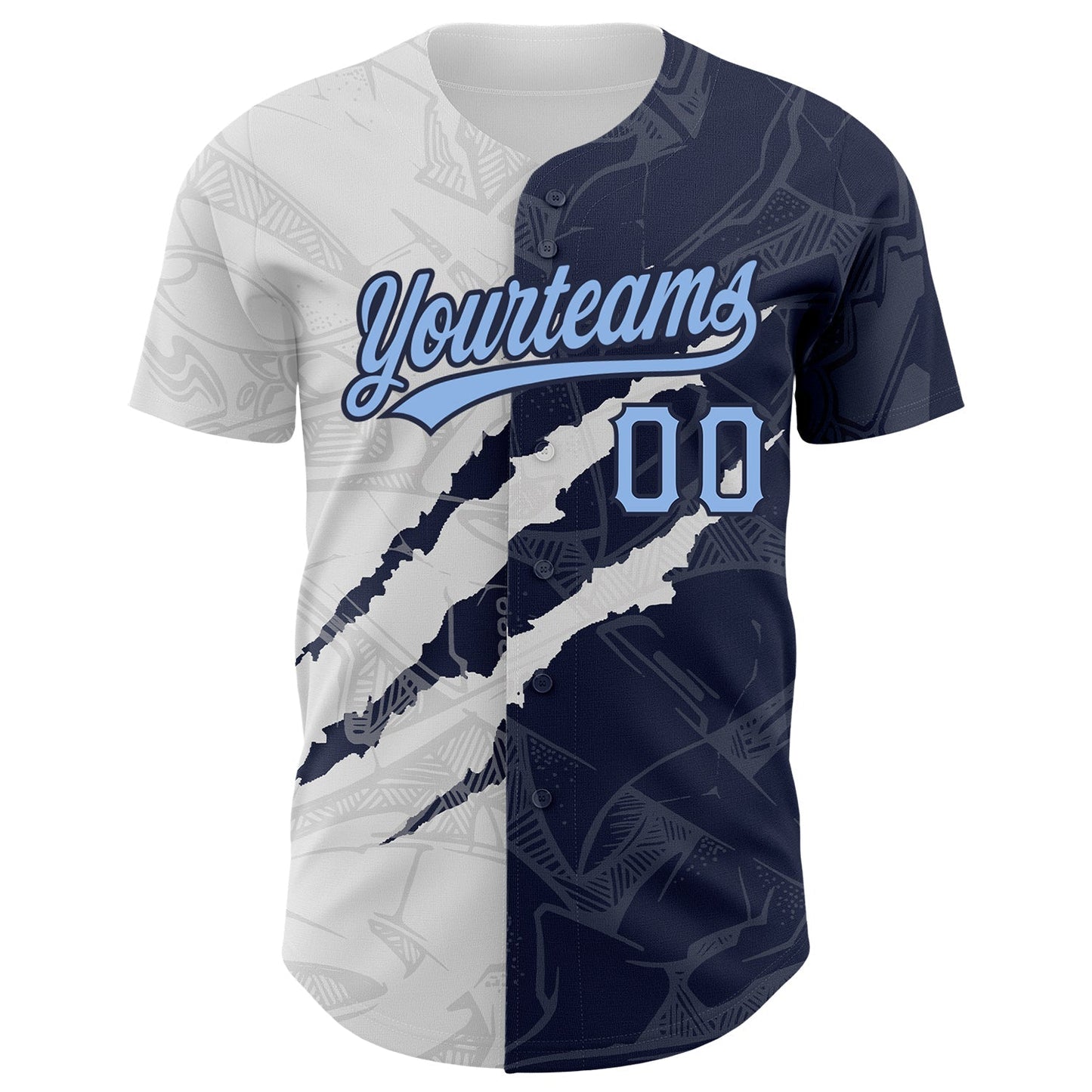 Custom Graffiti Pattern Light Blue-Navy 3D Scratch Authentic Baseball Jersey baseball jersey product view 2