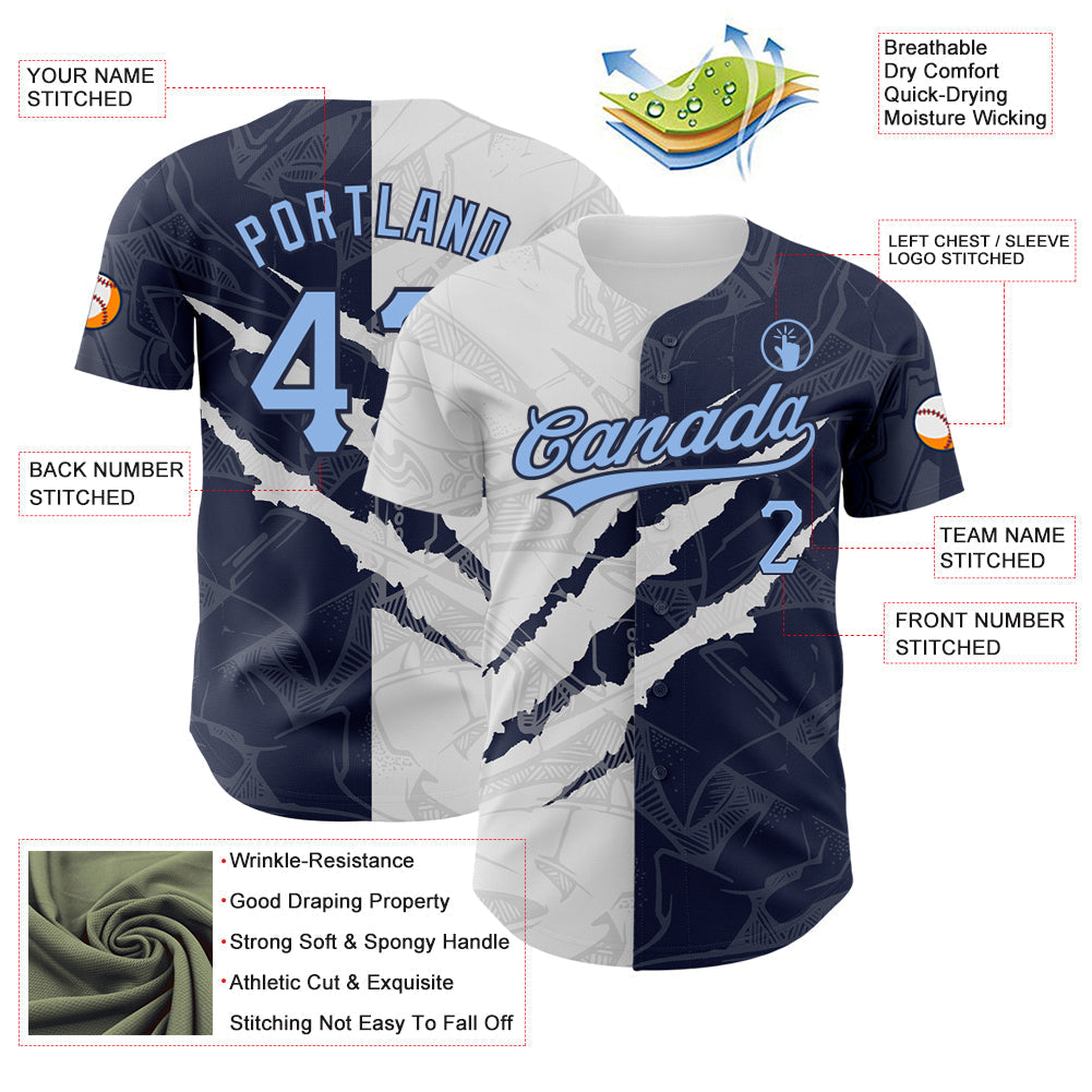 Custom Graffiti Pattern Light Blue-Navy 3D Scratch Authentic Baseball Jersey baseball jersey product view 3