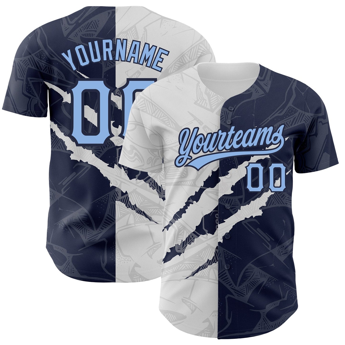 Custom Graffiti Pattern Light Blue-Navy 3D Scratch Authentic Baseball Jersey baseball jersey product view 1
